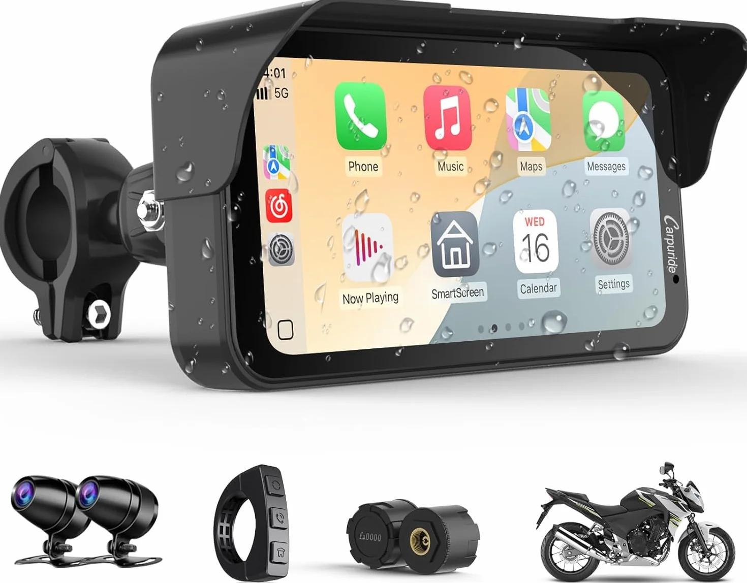 Carpuride Schermo da moto GPS carplay da 6.3 pollici senza fili CarPlay e Android Auto per Moto, con doppia fotocamera e TPMS, telecomando, IP67 impermeabile, BT Aduio, registrazione loop