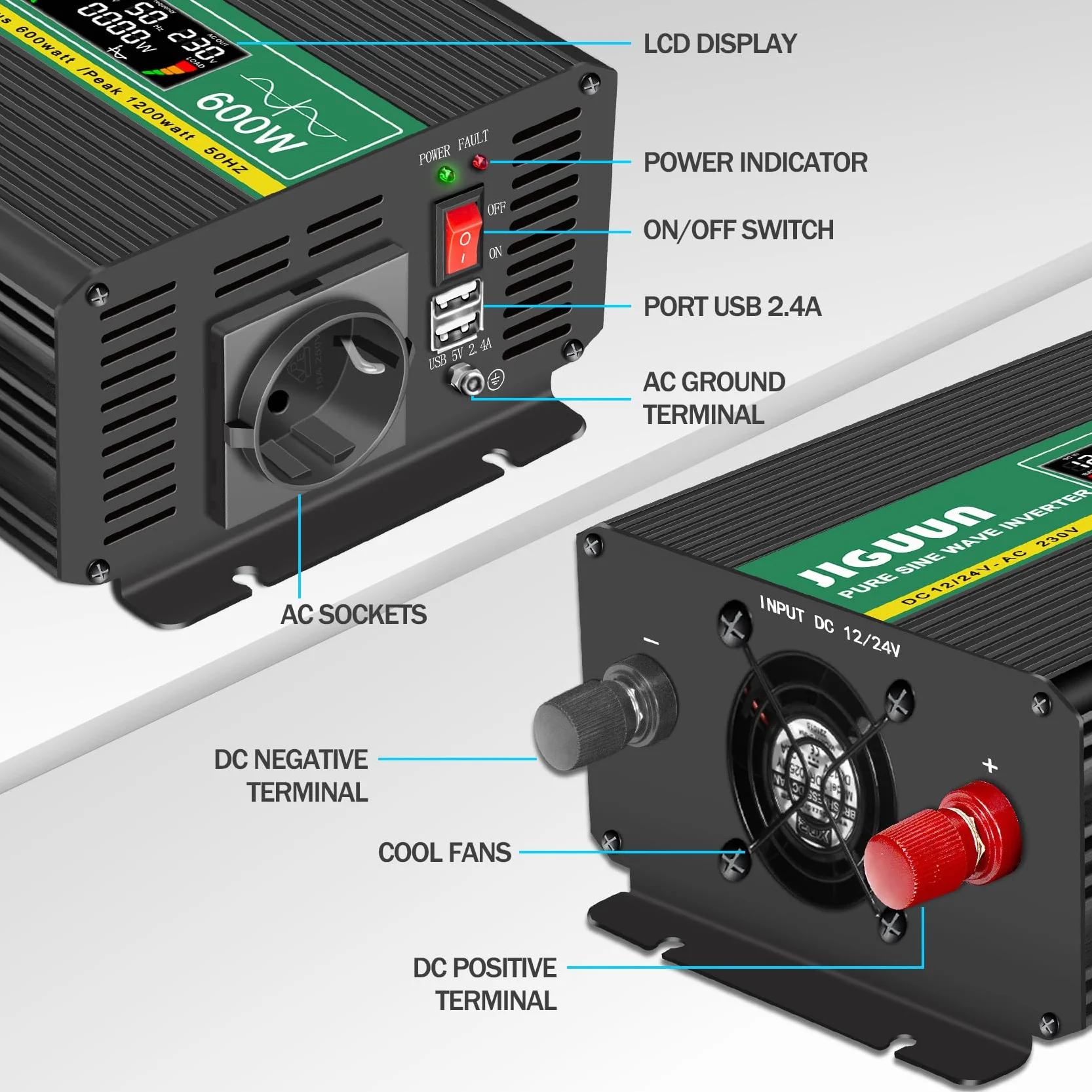 JIGUUN 600W inverter 12V/24V 220V onda pura Trasformatore con 1 prese EU e 2 porta USB 2.4A Telecomando senza fili e display LCD Potenza di picco 1200W per camion camper emergenza