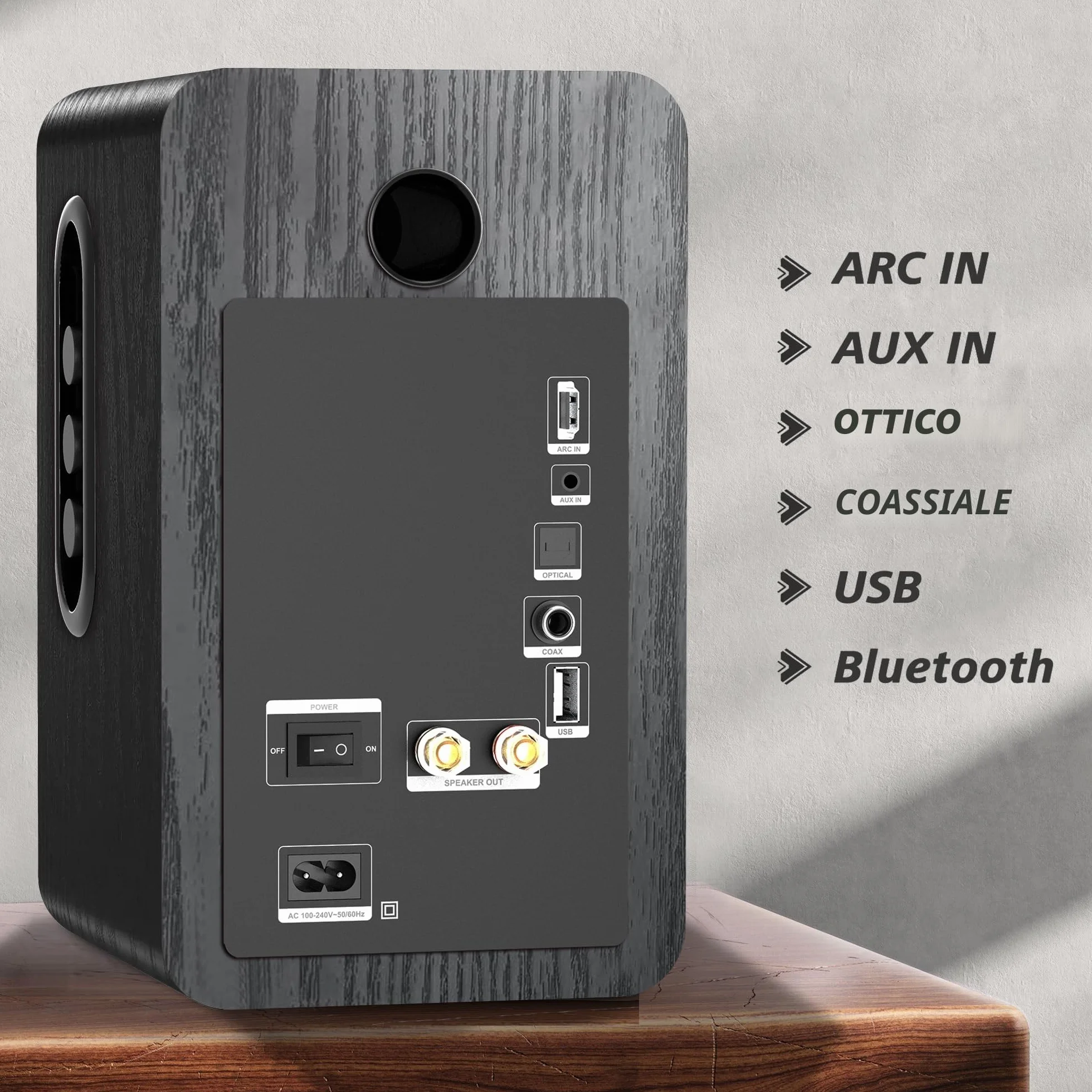LONPOO LP-42X Attivi Diffusori da scaffale 100W RMS | woofer 4" fibra di carbonio | connettività HDMI ARC, Ottica, Coassiale, Bluetooth 5.3, AUX-IN, USB, telecomando (nero)
