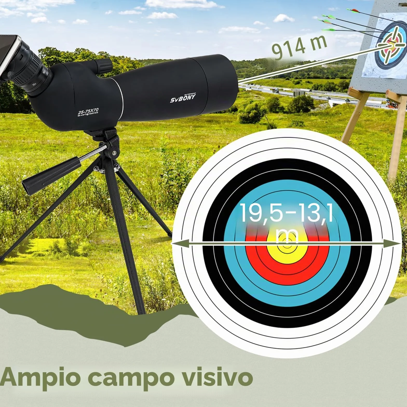 Svbony SV28PLUS Cannocchiale con Treppiedi Smartphone Adapter, 25-75x70mm con A5 Rosso Bordeaux FMC BAK4 IP65, Telescopi Spotting Scope per Adulti tiro a segno Tiro con l'arco Birdwatching