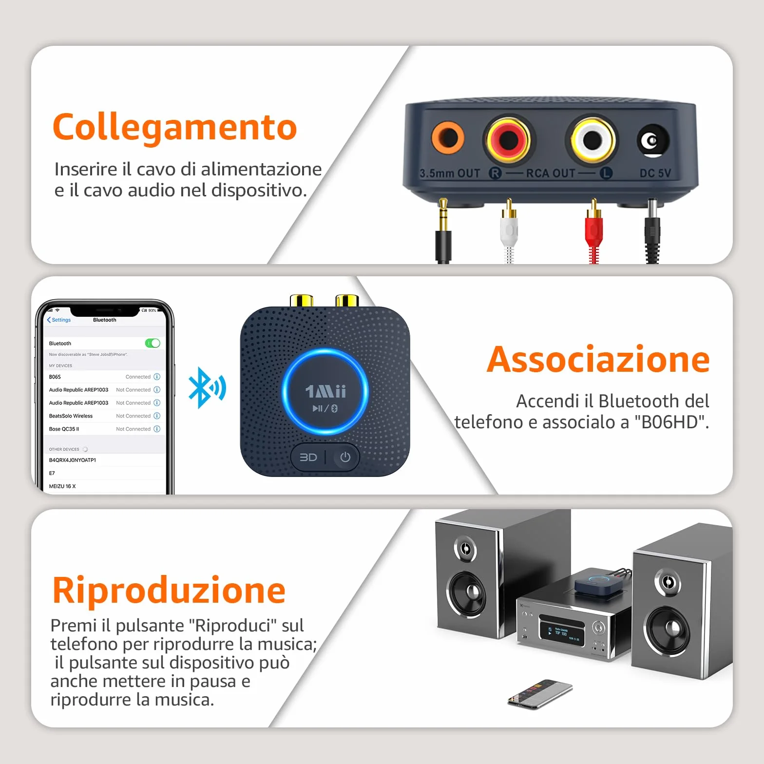 1Mii B06HD Ricevitore Audio Bluetooth 5.3, Adattatore Bluetooth per Sistema Stereo HiFi Domestico, con Audio Surround 3D a Bassa Latenza aptX HD, 15 Ore di Riproduzione, Jack AUX RCA da 3.5mm