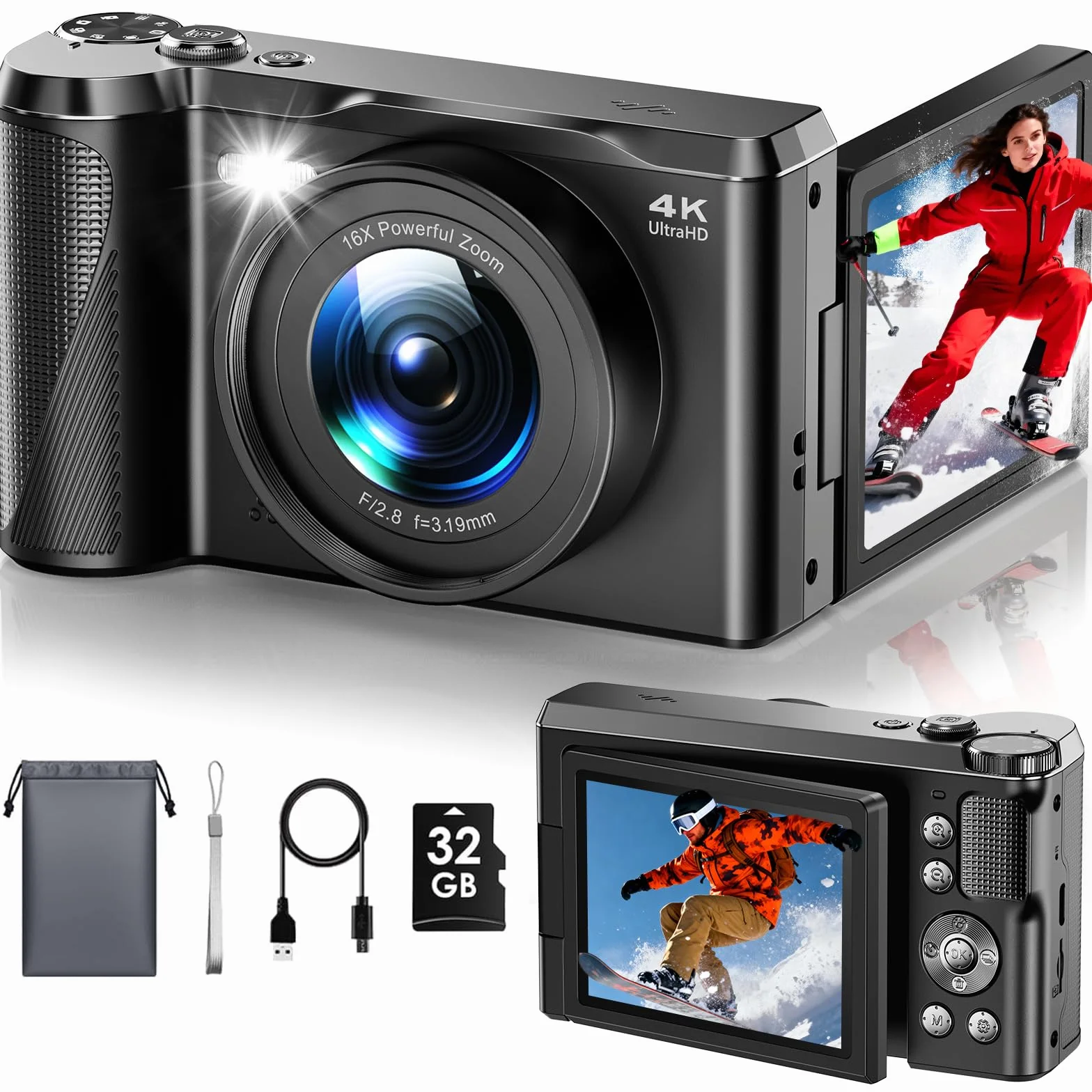 Macchina Fotografica Digitale, Focusinc 4K 56MP Fotocamera con Autofocus, Videocamera Pieghevole 180° da 3 Zoom Digitale 16X, Scheda 32GB Inclusa, Compatta Ricaricabile per Principianti Studenti