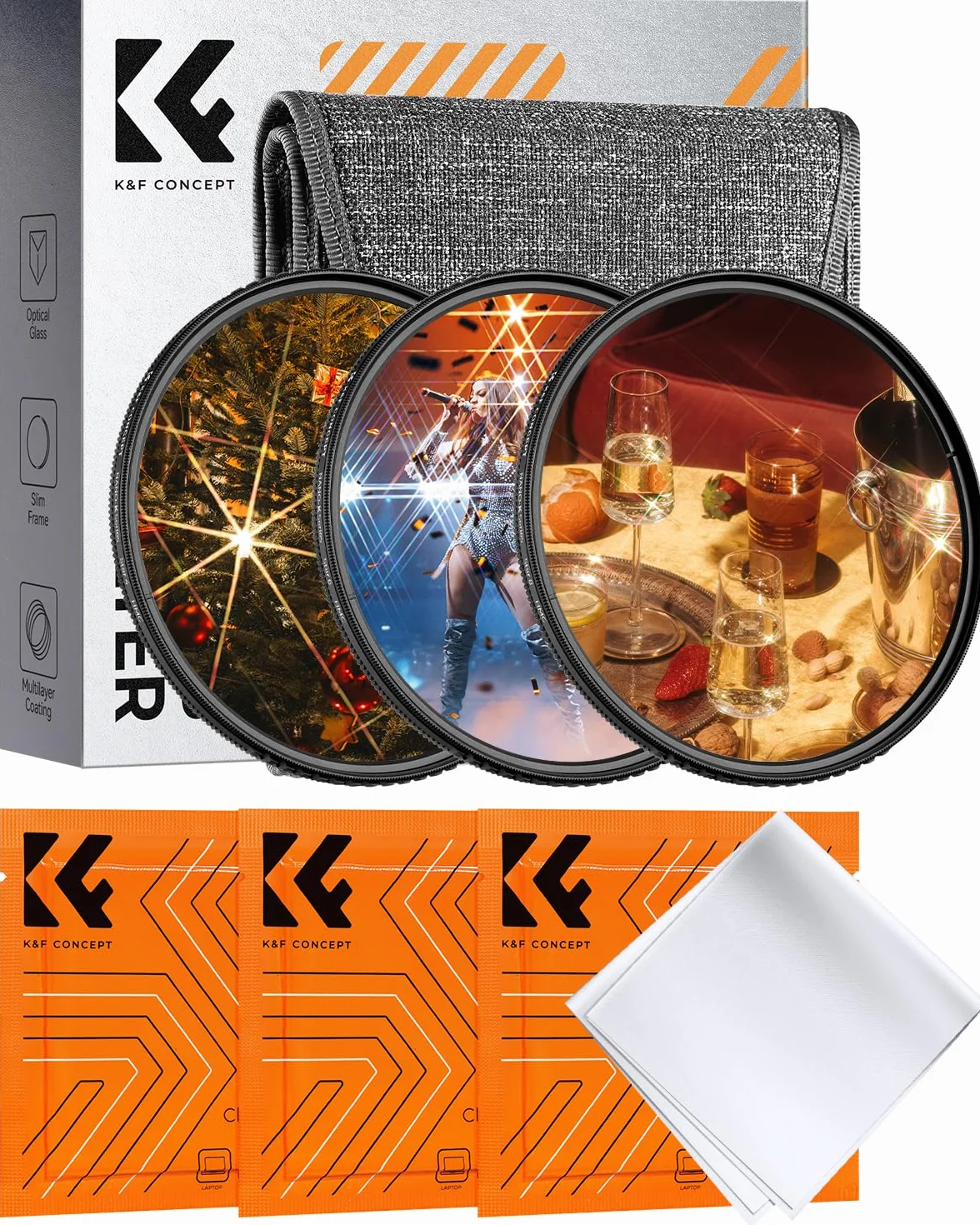 K&F CONCEPT Nano-Klear 3PCS Filtri a Stella 82mm, Filtro Stella 4 + 6 + 8 Punti,Filter Effetto Scintillante in Vetro Ottico con 3pcs Panni
