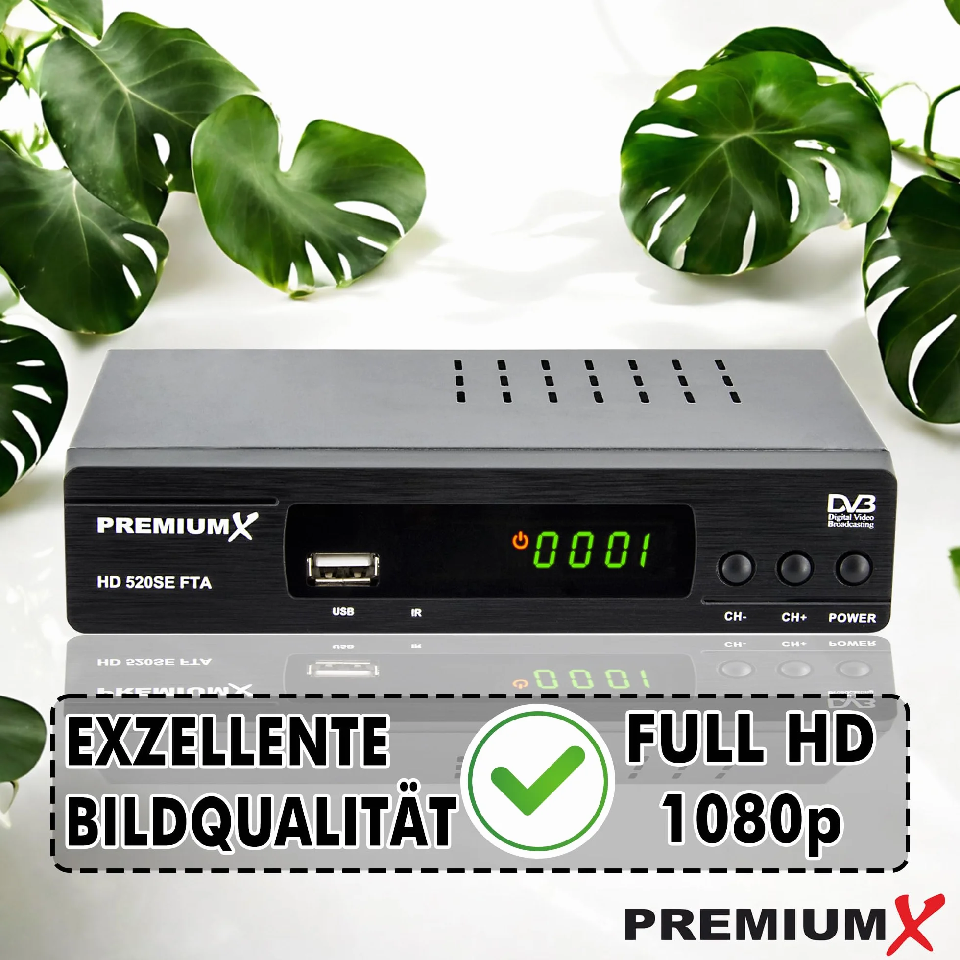 PremiumX Ricevitore satellitare HD 520SE FTA Digital SAT TV Receiver DVB-S2 FullHD HDMI SCART USB lettore multimediale, Astra Hotbird preprogrammato