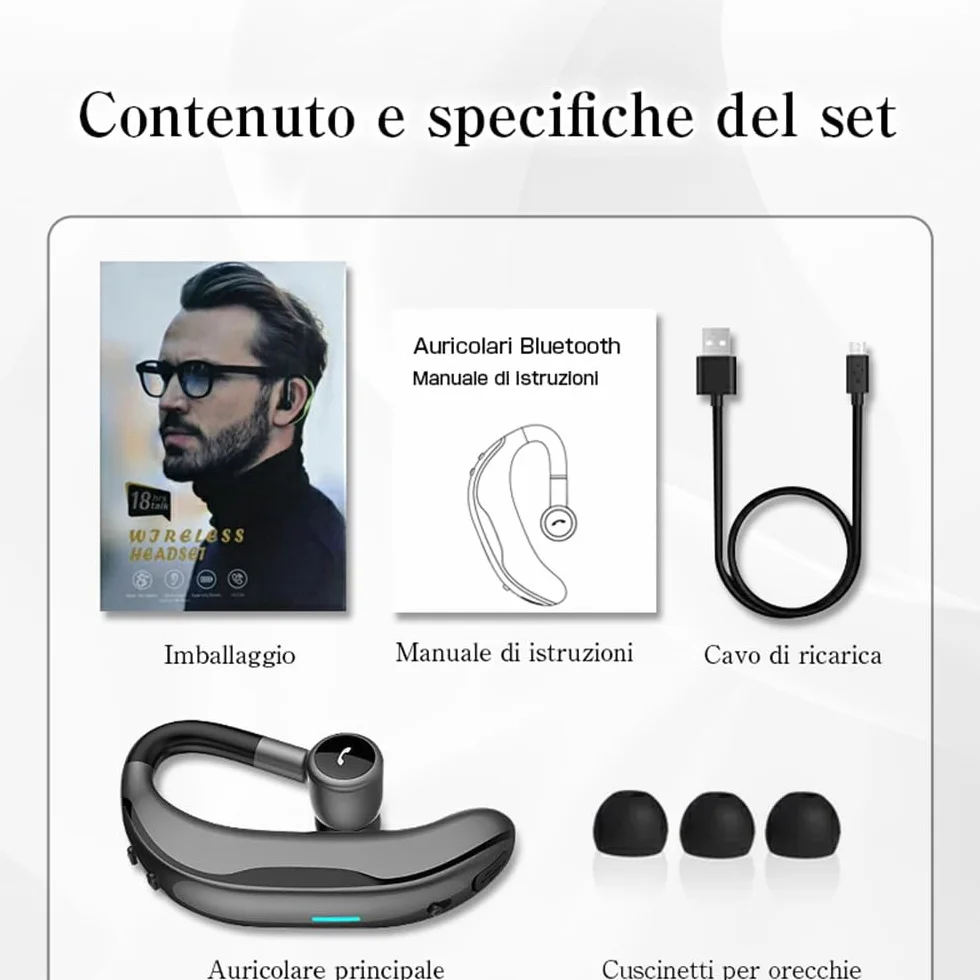 Auricolare Wireless Bluetooth 5.4 Mono/Indip. (L/R), 200h standby, ENC, HiFi, IPX4, 180° rotazione, 12g ultra-leggero, compatibile iOS/Android. Design ad aggancio.(rosso)