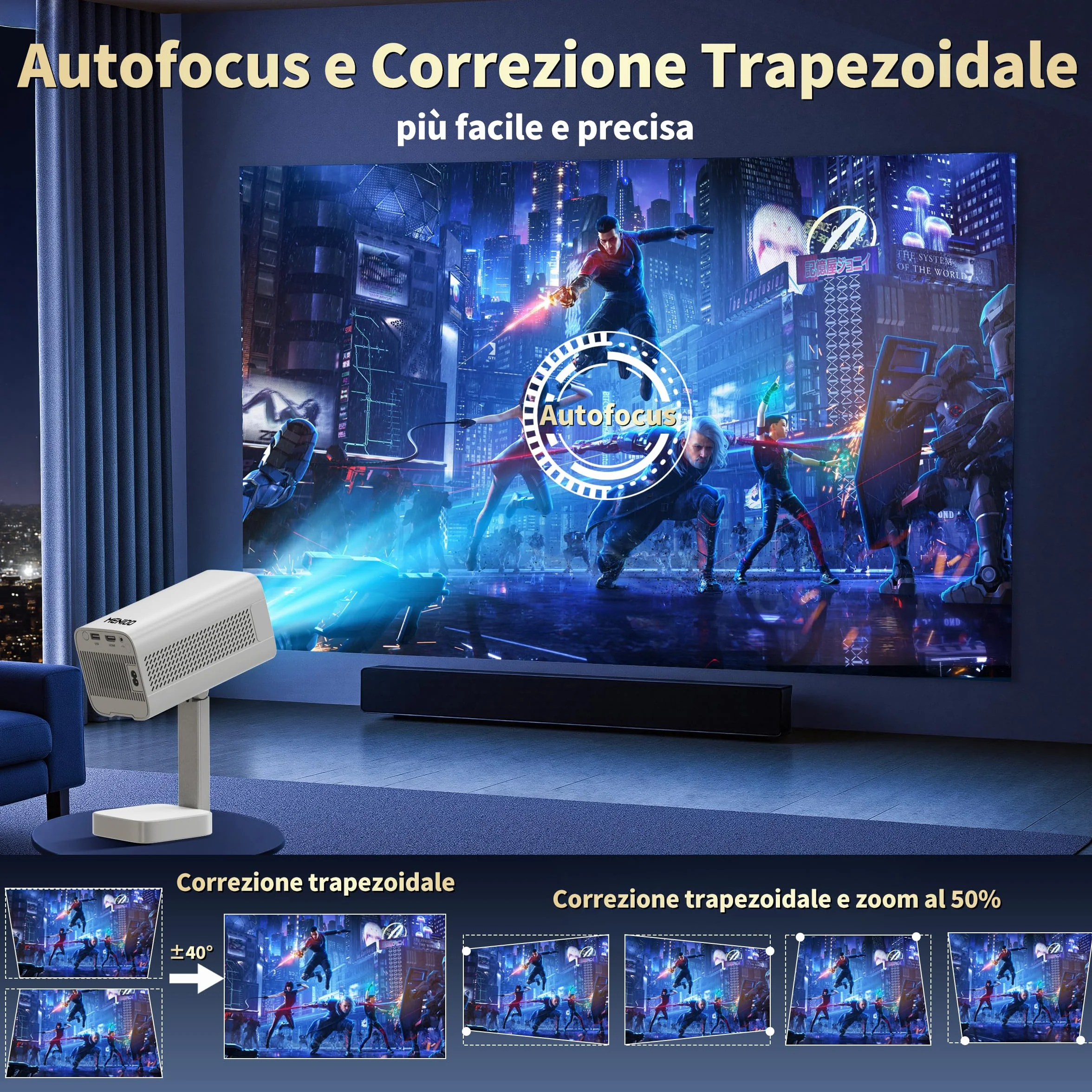 Mini Projector 4K【App integrata& Auto Focus Auto Keystone】Support 1080P, Mini Proiettore con WiFi 6 e Bluetooth 5.4 e Rotabile 90°, Portable Projector per Home Theater con HDMI/TV Stick/Laptop- Bianco