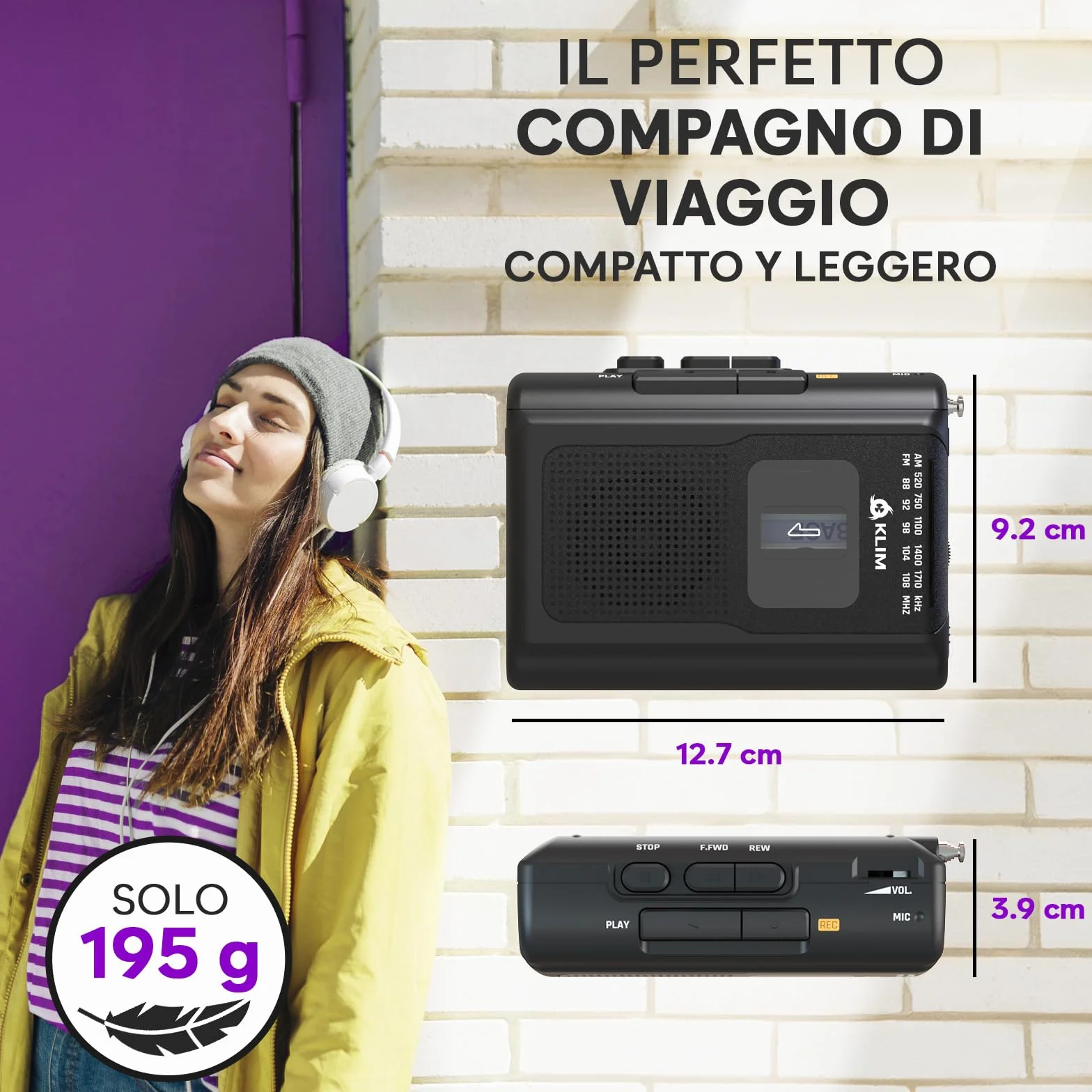 KLIM K8 Lettore Cassette Audio Registratore Cassette Radio AM/FM Microfono Altoparlante Integrato Nero