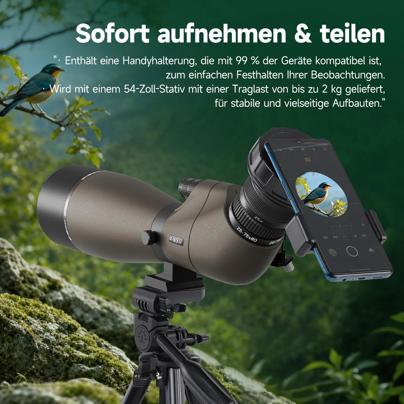 Svbony SV29 25-75x80mm Cannocchiale con attacco a coda di rondine e Treppiede, ampio campo visivo, prisma di Porro FMC, con adattatore per smartphone per tiro al bersaglio, birdwatching e osservazione