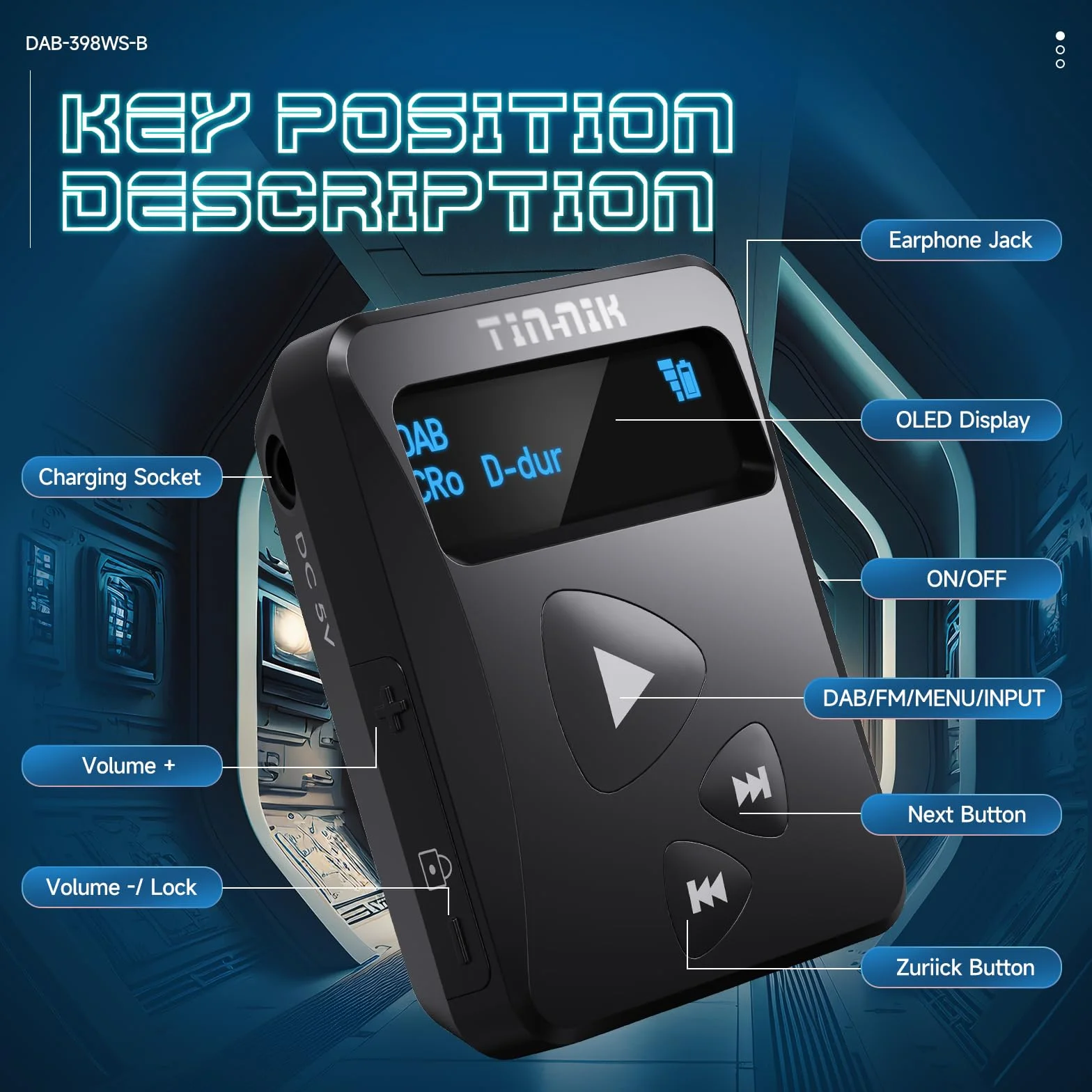 Tin-Nik DAB-398WS-B Portable DAB/DAB+/FM Radio, Mini Radio Digitale Tascabile RDS FM con Batteria Ricaricabile, Auricolari, Scelta Grandi e Piccole Dimensioni