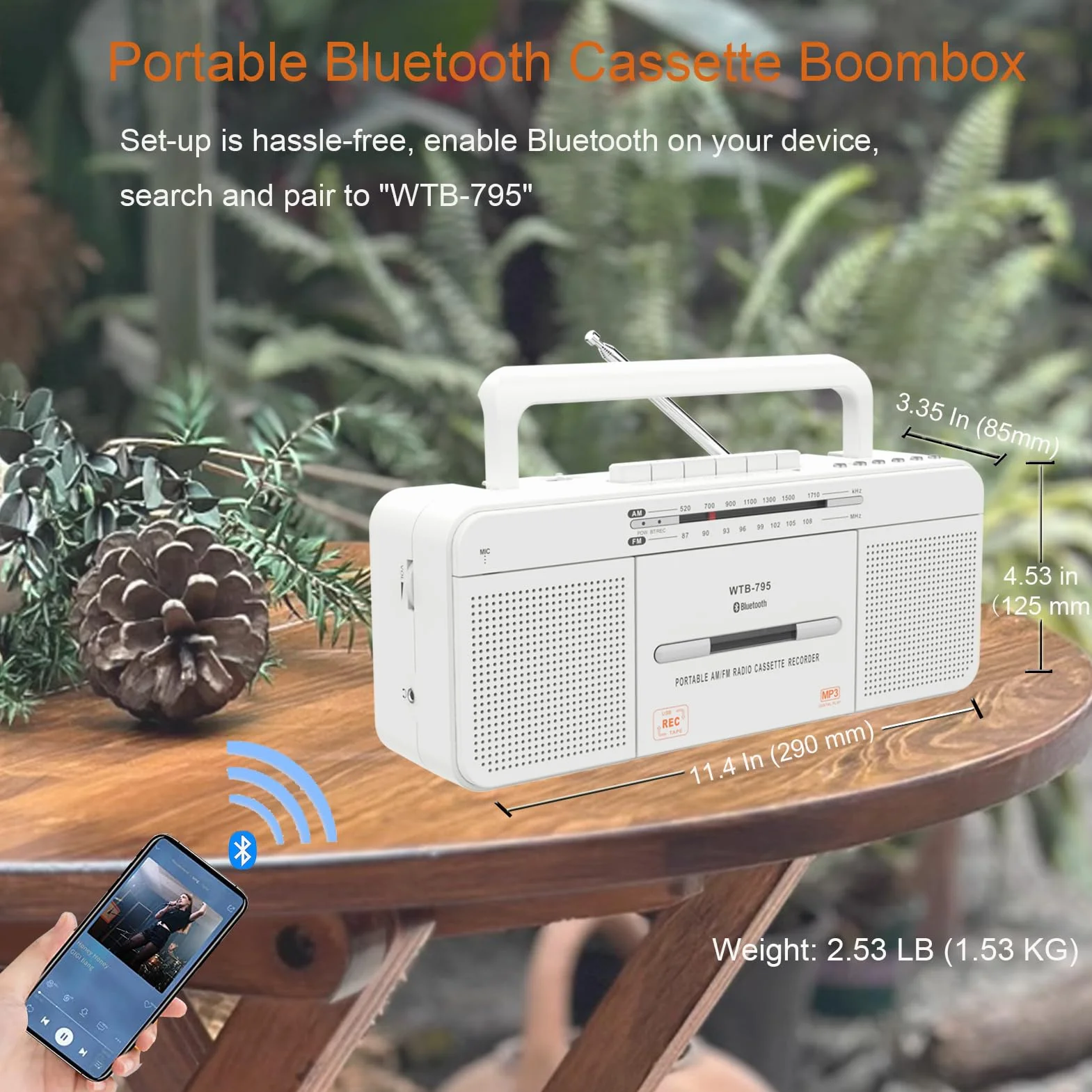 Lettore di cassette audio portatile con Bluetooth, USB e radio stereo AM/FM, microfono integrato per registrazione USB Conversione MP3, doppi altoparlanti, uso interno o esterno
