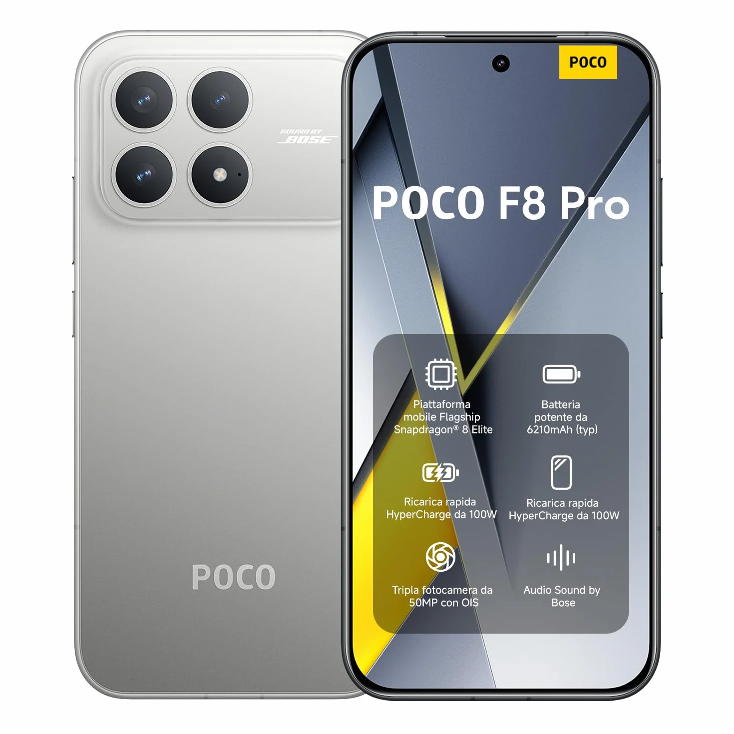 Xiaomi POCO F8 Pro, Smartphone 12+256 GB, Display AMOLED 6,59" 120Hz, Tripla Fotocamera 50MP Teleobiettivo 60mm, Audio Sound by Bose, Batteria 6210mAh, Titanium, Garanzia 2 anni, Caricatore escluso