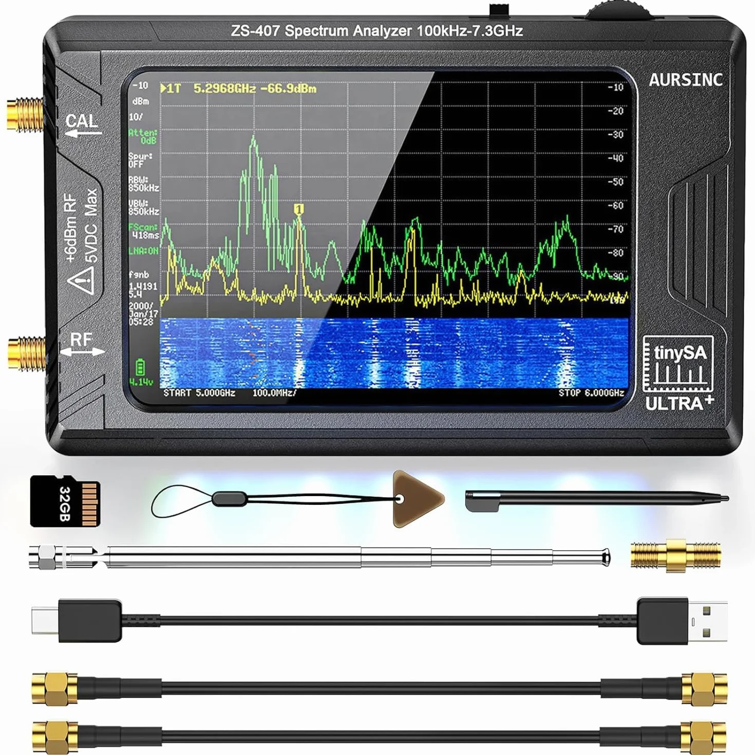AURSINC Tinysa Ultra+ ZS407 - Analizzatore di spettro, 4,0 pollici, 100 kHz-7,3 GHz, Tinysa Handheld, generatore di segnale RF 2 in 1 da 100 kHz a 900 MHz, ingresso MF/HF/VHF/UHF, HW V0.5.4