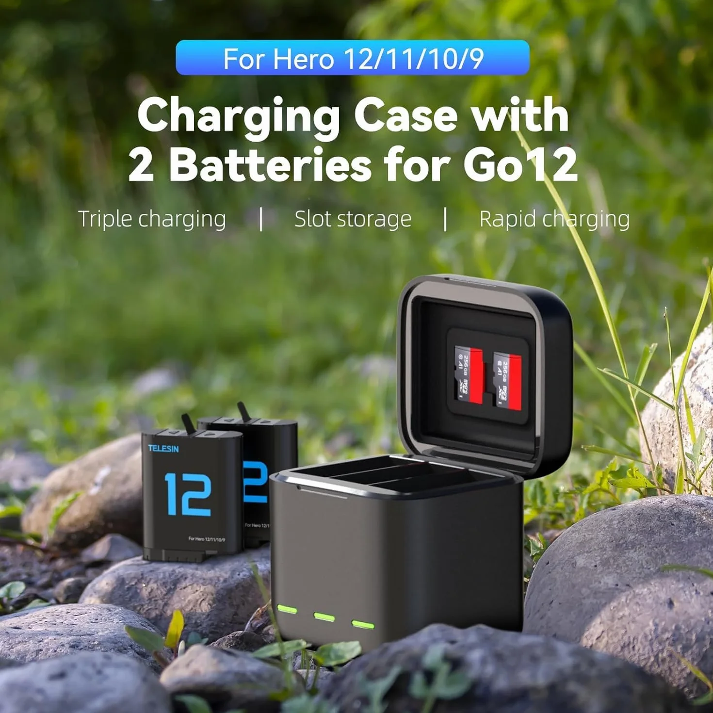 TELESIN Caricabatteria e scatola di immagazzinaggio di batteria tripla a 3 canali con 2 batterie ricaricabili agli ioni di litio per GoPro Hero 12 Hero 11 Hero 10/9 (S0-BCG-04-TGP)