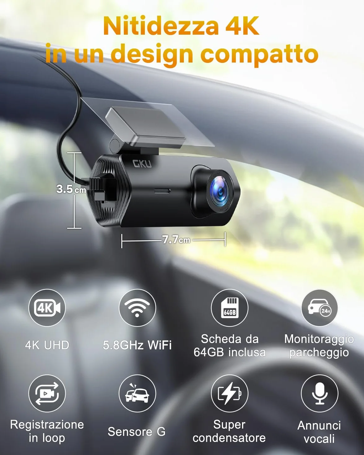 GKU Dash Cam Auto 4K,Dash Cam con UHD 2160P,DashCam Auto con WiFi integrato,Scheda SD 64G,24H Parking Monitor DashCam,Super Visione Notturna,170°Grandangolo,WDR,G-Sensor,Registrazione in Loop,Max 256G