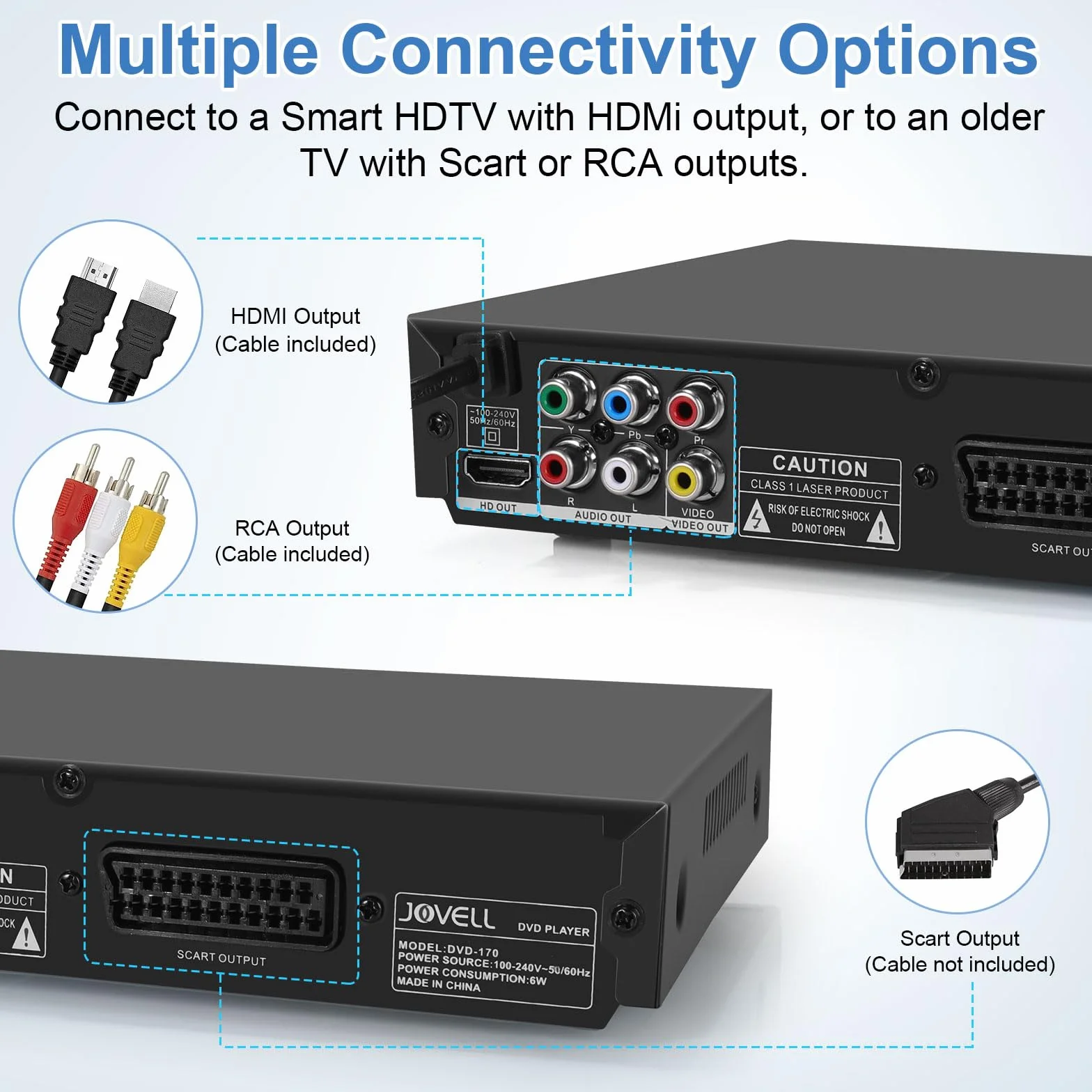 Lettore DVD con Uscita SCART, Modello-170 Lettore DVDs Multiregionale HD 1080P per Casa | Riproduttore CD DVD con Ingresso USB | Presa per Microfono | Cavo HDMI e RCA Inclusi (Guscio Metallico, Nero)