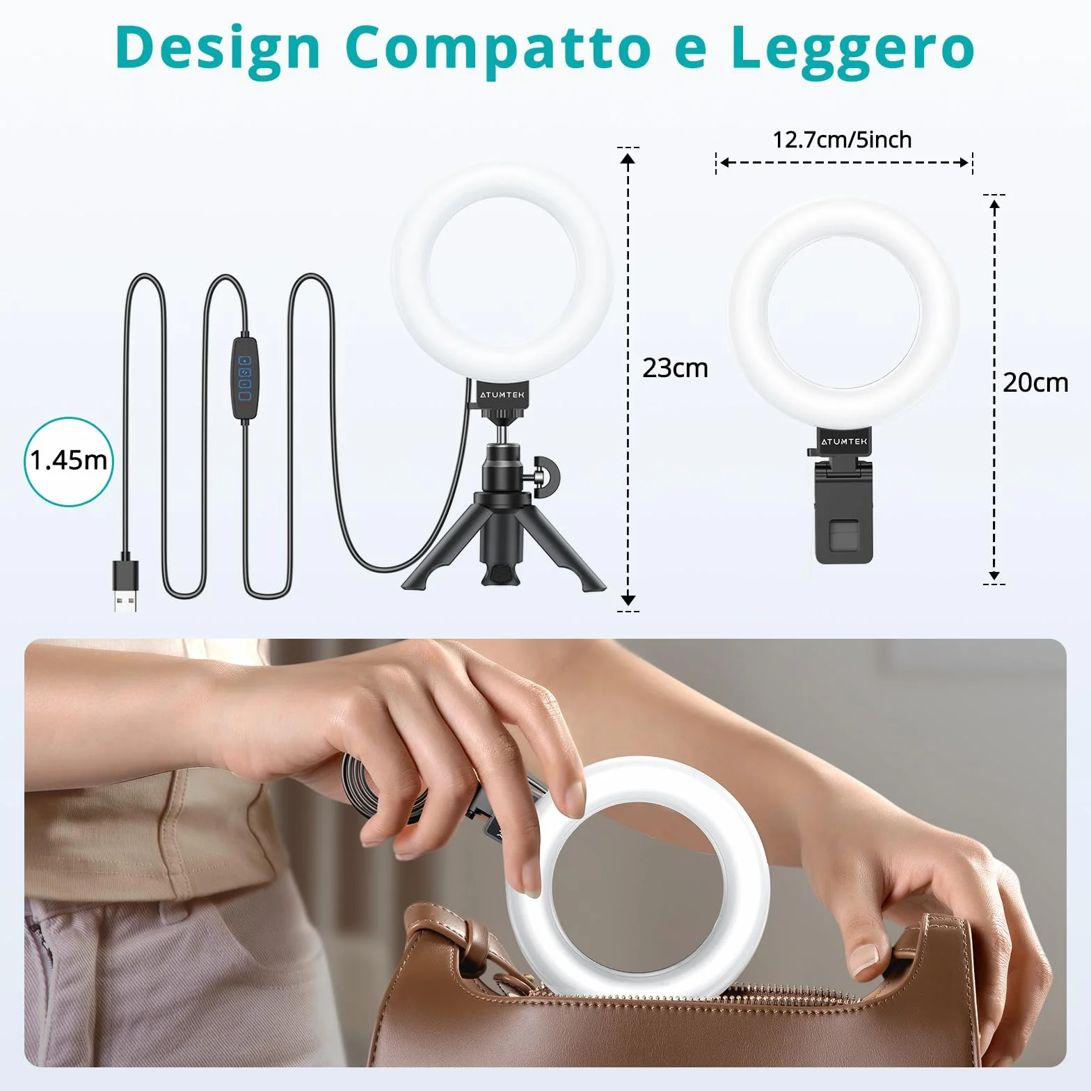 ATUMTEK Luce ad Anello con Clip e Treppiede, Luce Video per Monitor Laptop, Luce Webcam con 3 Colori Dimmerabili e 10 Livelli di Luminosità per Lavoro Remoto/Chiamate Zoom/Live Streaming