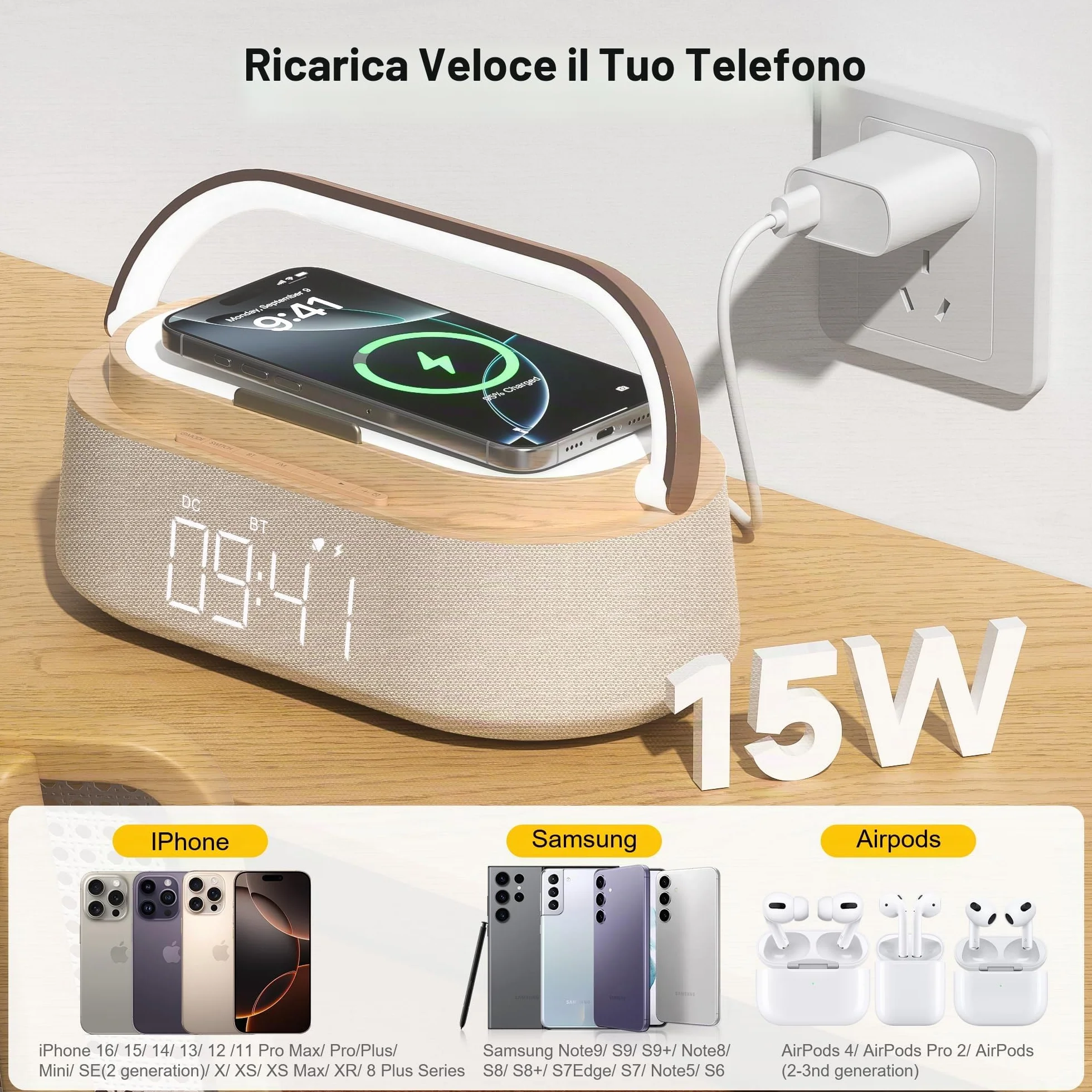 COLSUR Radiosveglia Digitale con Ricarica Wireless, Radio FM Sveglia con Allarme, Bluetooth Speaker, USB Luce Notturna, Display LED