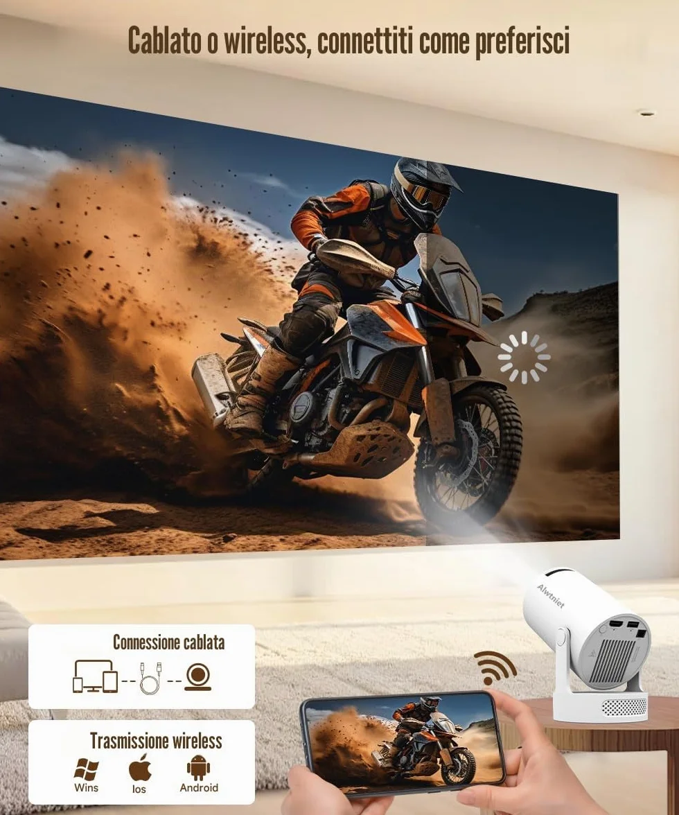 2026 HY300Pro+ Mini Proiettore 4K con Wi-Fi 6 e Bluetooth 5.4, Altoparlante Soundbase da 5W, Correzione Trapezio Verticale Automatica, Rotazione a 180°, Proiettore Portatile per Casa e Esterno