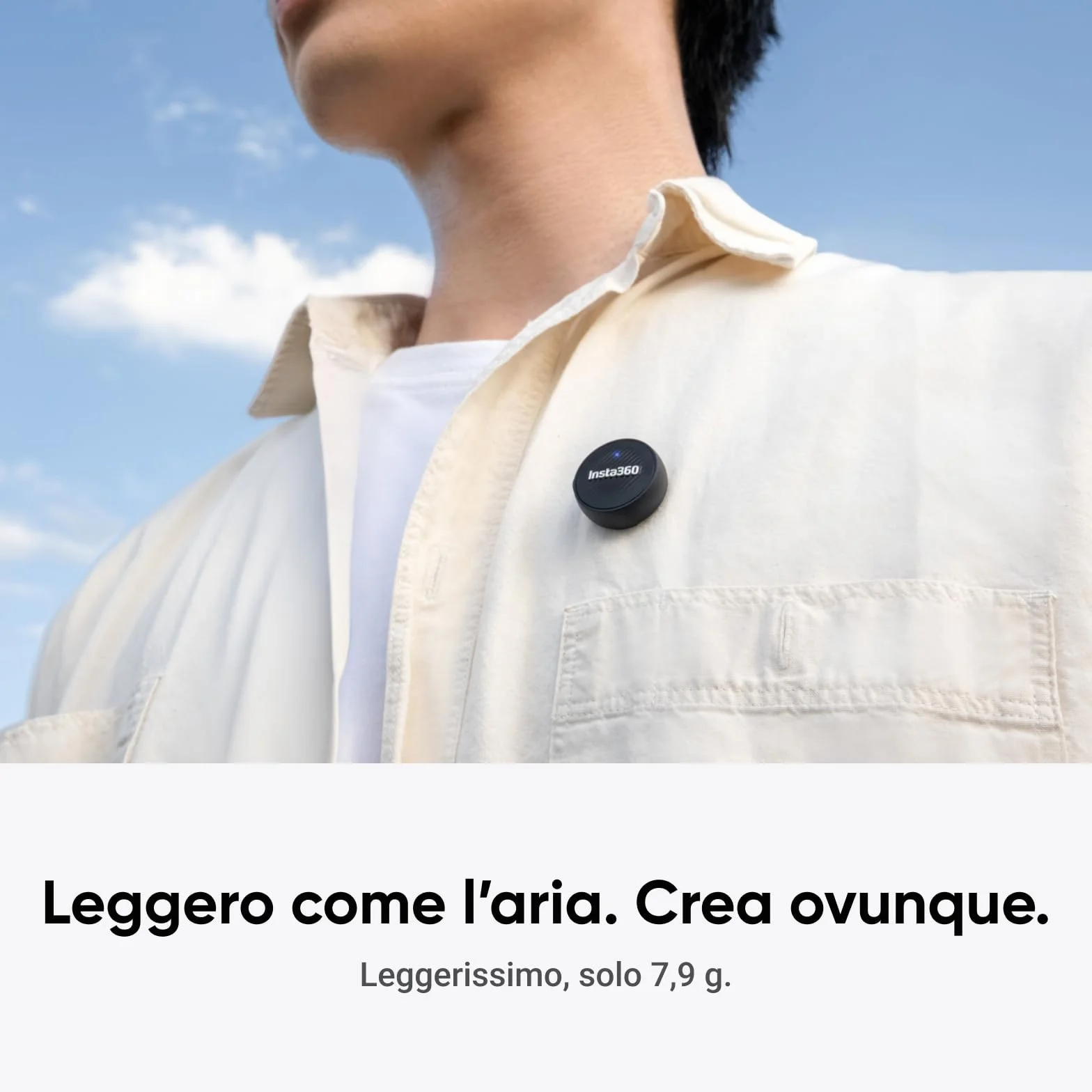 Insta360 Trasmettitore Microfono Air, 7,9 g ultraleggero, microfono wireless X5/X4/X4 Air/Ace Pro 2/GO Ultra, cancellazione del rumore, Vlog, streaming