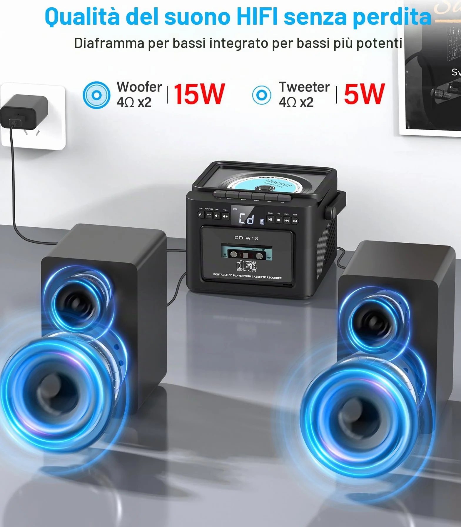 Greadio Impianto stereo per la casa con Boombox CD e lettore di cassette Combo, sistema stereo domestico da 40 W con Bluetooth, radio FM/USB/TF/AUX/telecomando, altoparlanti da scaffale in legno