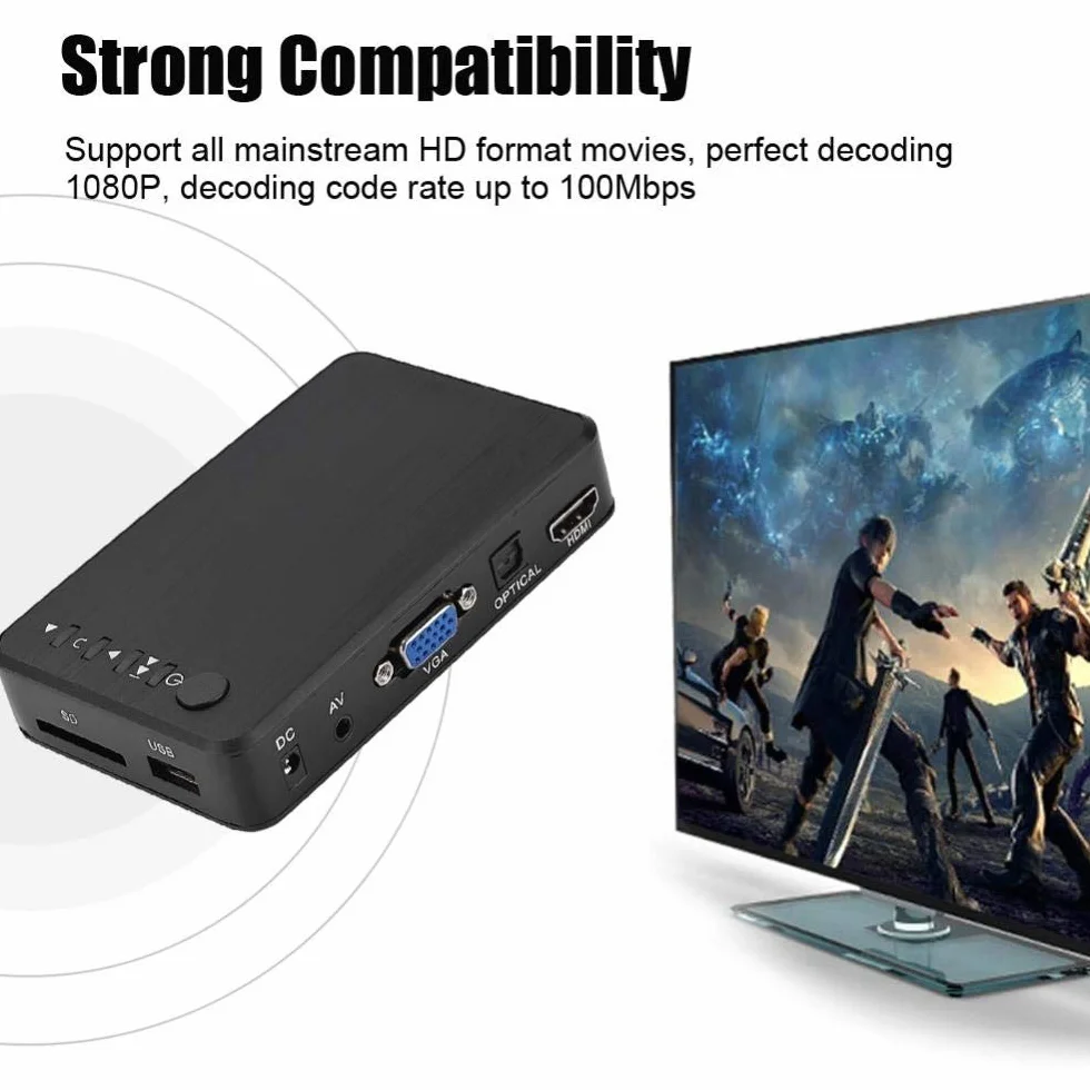 Lettore multimediale 1080P, 1080P HD TV Lettore multimediale audio e video 110 V-240 V con telecomando IR per RM/RMVB/AVI, unità USB e schede SD(VDE,EU Plug)