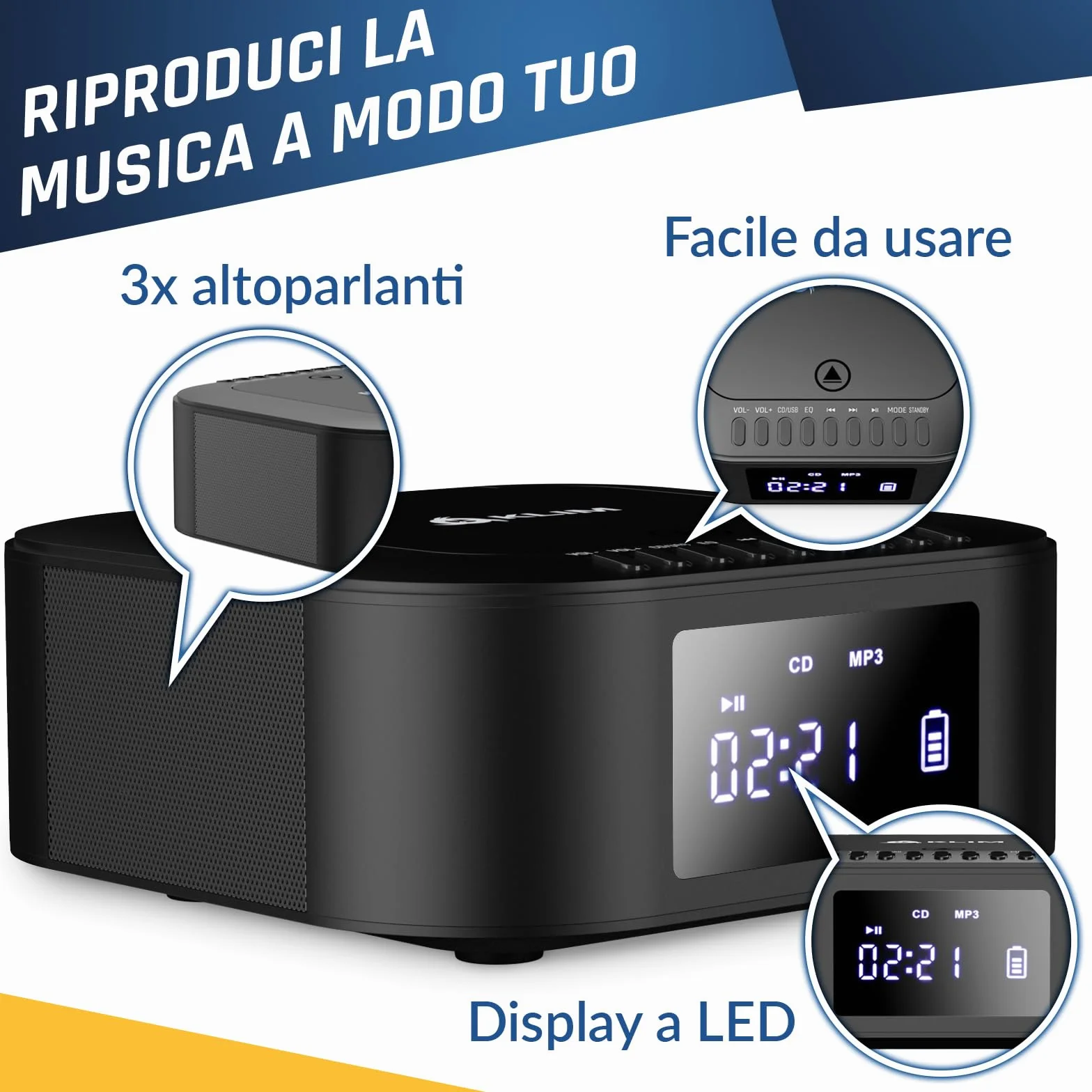 KLIM Lettore CD Stereo Boombox E1 - BASS Boost con Subwoofer - FM Radio con Lettore CD e USB, Bluetooth, AUX - Stereo casa - Filo o Wireless - Batteria ricaricabile, Telecomando - Custodie Disc