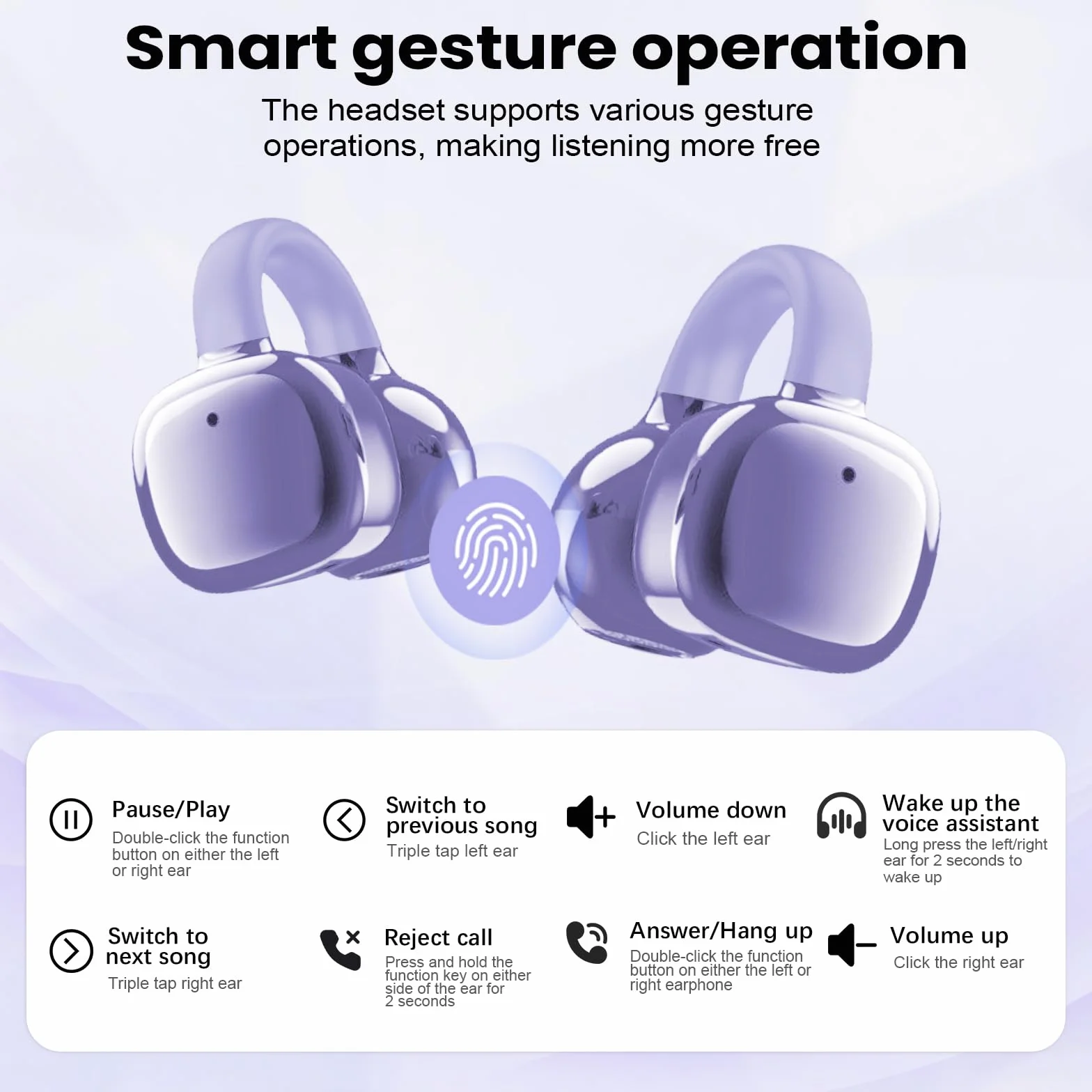 PTHTECHUS Cuffie Auricolari Aperte, Touchscreen Intelligente Auricolare Con Clip, Cuffia Traduzione, 3.7g Ultraleggero Comfort, 65 ore di Riproduzione, Auricolari Open Ear Bluetooth 5.4 (VIOLA)