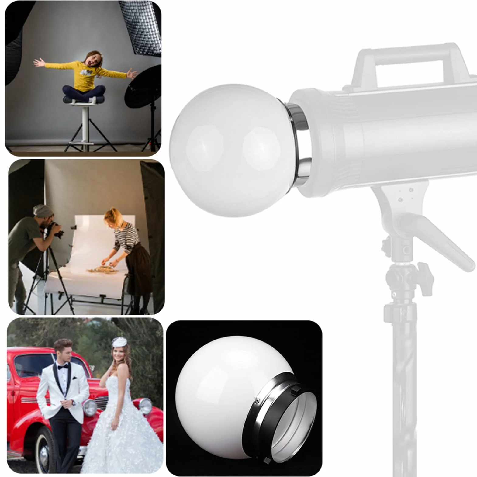 Sfera di Luce Morbida per Accessorio Fotografico, Diffusore Sferico Traslucido da 15 Cm Sfera di Luce Morbida per Accessorio Fotografico con Supporto Bowens