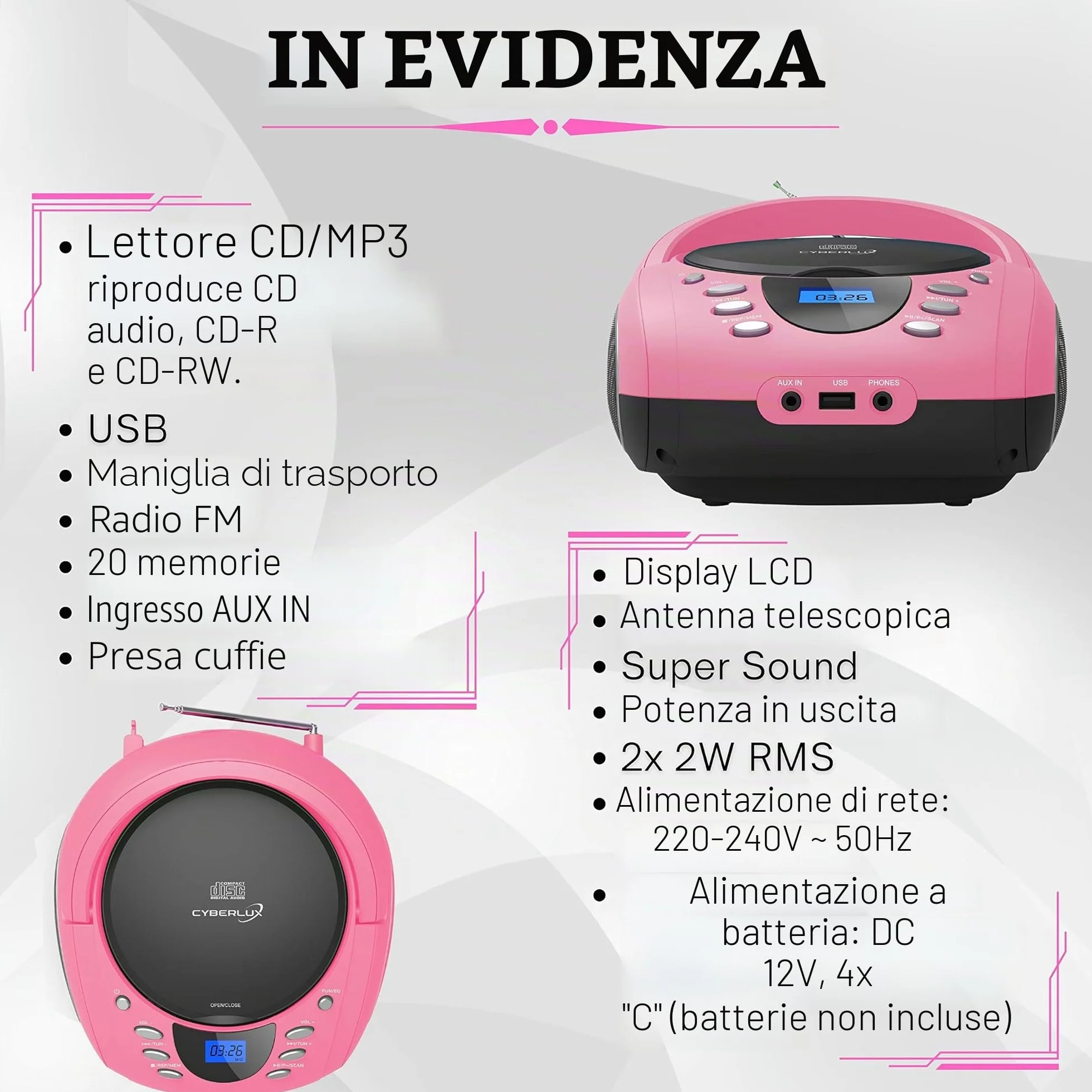 Boombox portatile lettore CD CD-R USB radio FM AUX jack cuffie impianto stereo compatto rosa Pretty Pink