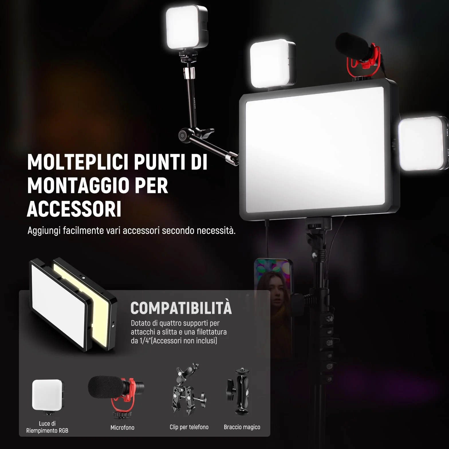 NEEWER Basics 2pz Luci Fotografiche a Pannello LED con Stativi 59''/Porta Telefono, Luce da Studio in Plastica Dimmerabile 2700-6500K 850Lux per Foto Video Film Streaming Live, Senza Adattatore,BP300