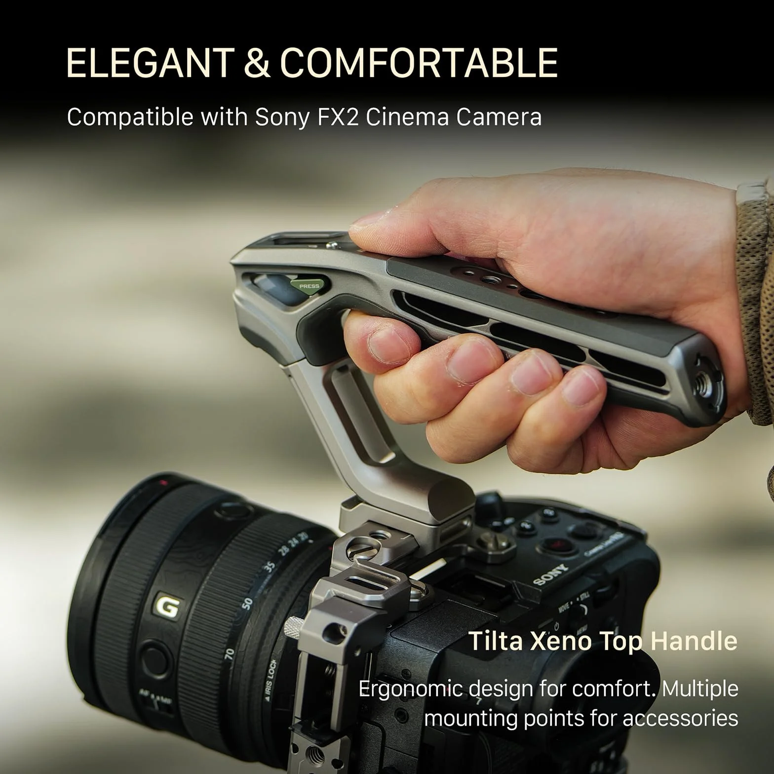 Tilta FX2 Cage, gabbia completa per fotocamera compatibile con il kit base Sony FX2 con impugnatura superiore Xeno, guida NATO, filettature 1/4“-20 e 3/8”-16 - Grigio titanio TA-T88-B-TG