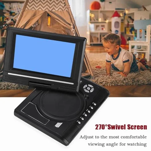 Lettore DVD Portatile da 7 Pollici con Schermo Girevole, Batteria Ricaricabile, Caricabatteria per Auto, Gamepad, Supporta più Formati e Funzione TV (Spina UE)