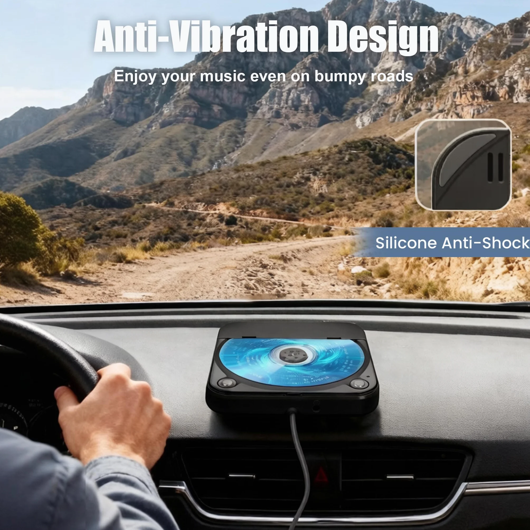 Lettore CD per auto con silicone anti-shock, porta USB, cavo prolunga, nero