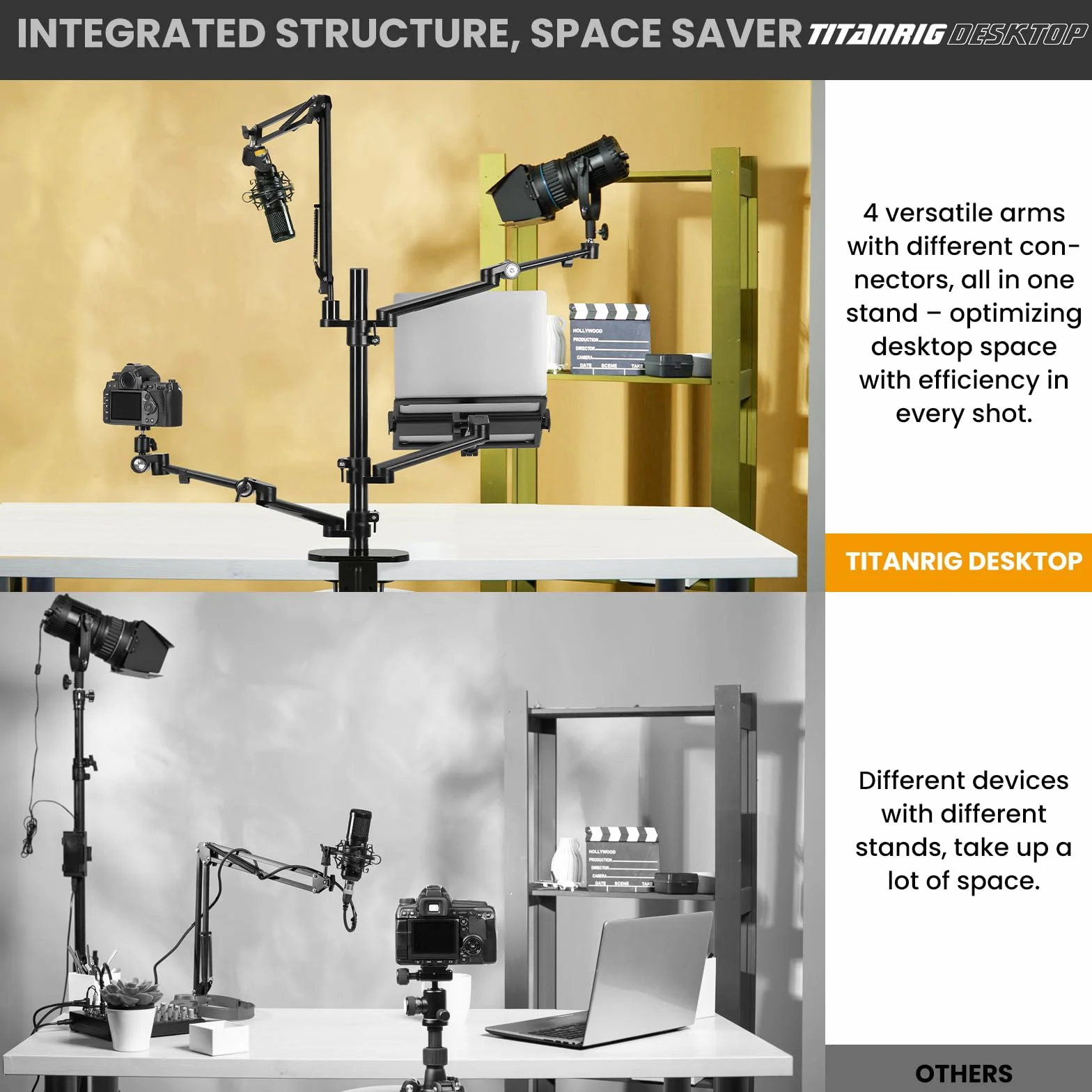 TARION Supporto Fotocamera da Tavolo con Braccio: Supporto DSLR Morsetto Flessibile da Tavolo con Bracci Snodato per Anello Luminoso Microfono Fotografia Video Streaming Titanrig Desktop