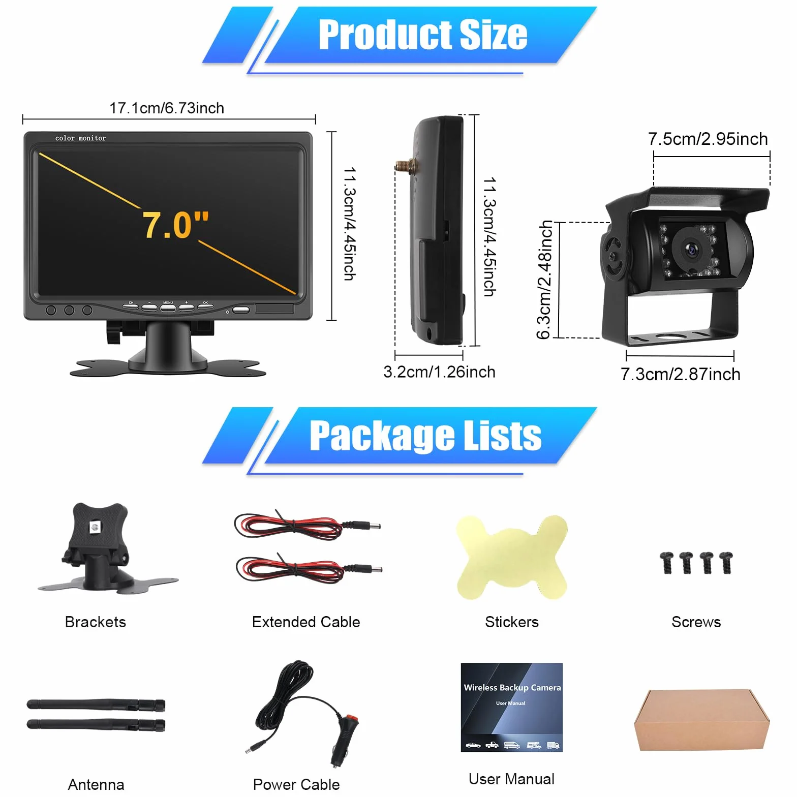 CAMECHO Telecamera di Retromarcia Wireless IR Visione Notturna 12V-24V Monitor TFT LCD da 7" Impermeabile per Camion/Van/Caravans/Rimorchi/Camper