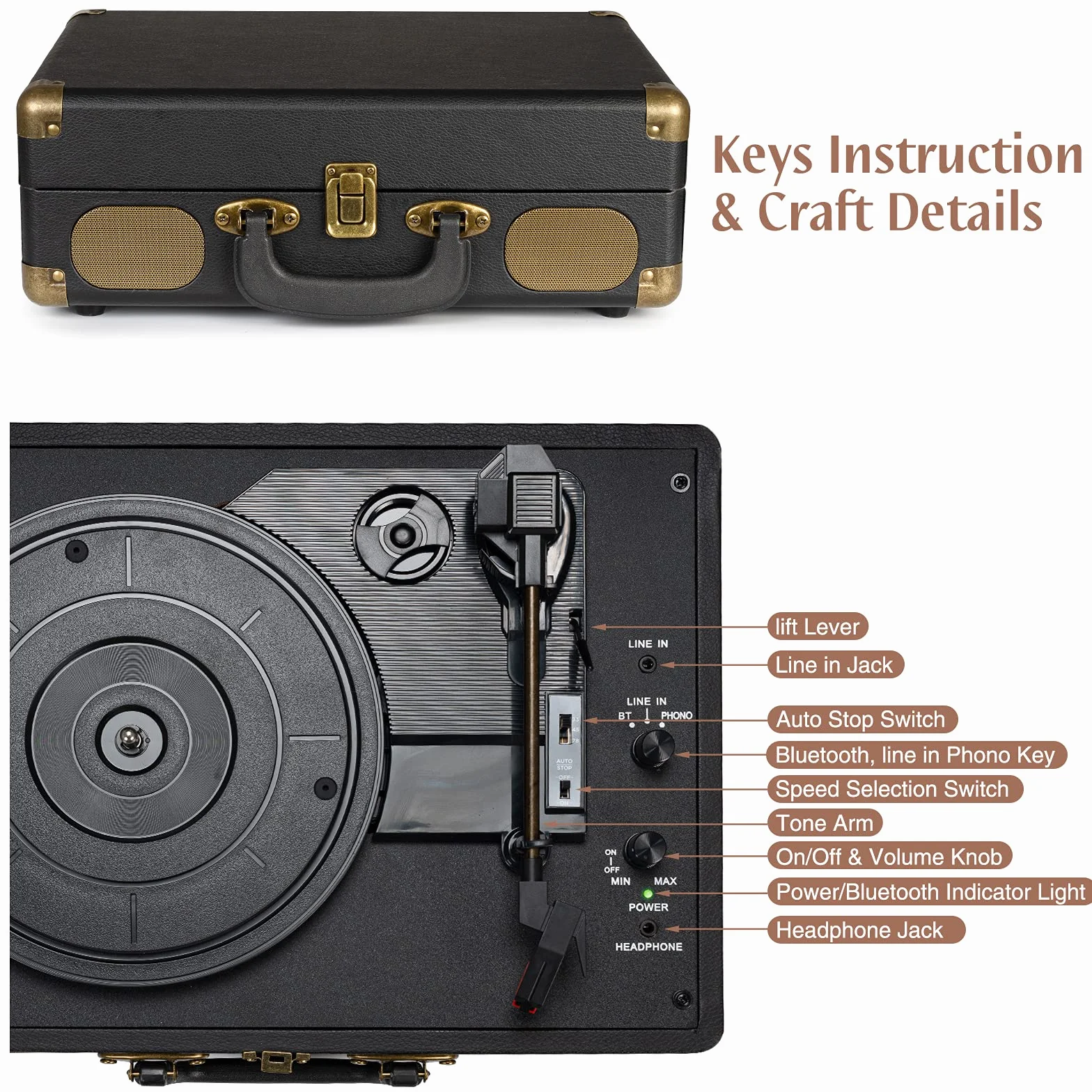 Giradischi Bluetooth 3-Velocità 33/45/78 Giri, Stereo Portatile Vintage con Altoparlanti, RCA, AUX, Cuffie