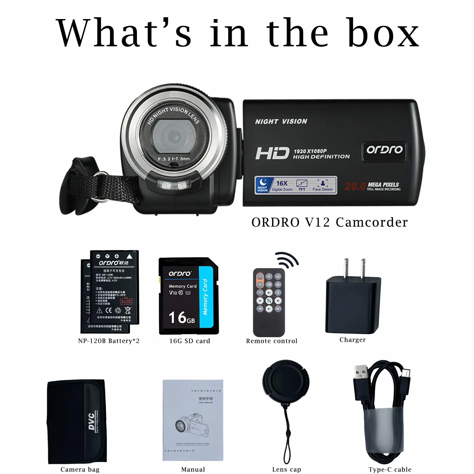 ORDRO V12 Videocamera Videocamera Full HD 1080P 30FPS Visione Notturna a Infrarossi Schermo LCD da 3,0 Pollici Zoom 16X Videocamere con Scheda SD da 16 GB Telecomando e 2 Batterie