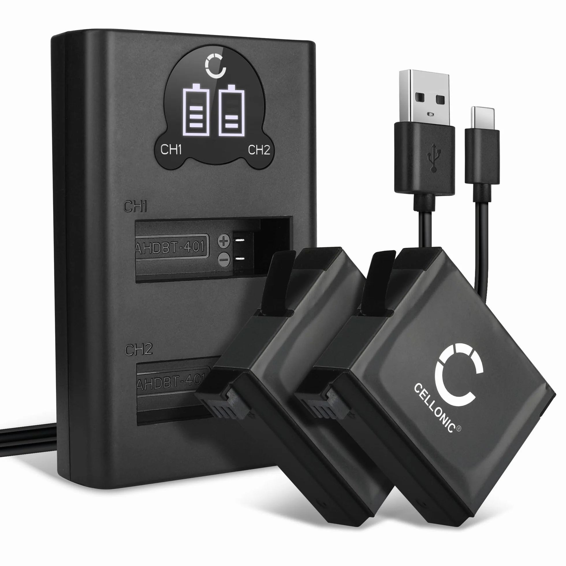 CELLONIC 2x Batteria per Fotocamera Compatibile con GoPro Hero 4, Hero 4 Black, Hero 4 Silver, 335-06532-000 – (1160mAh, 3.8V) + Caricabatterie Doppio