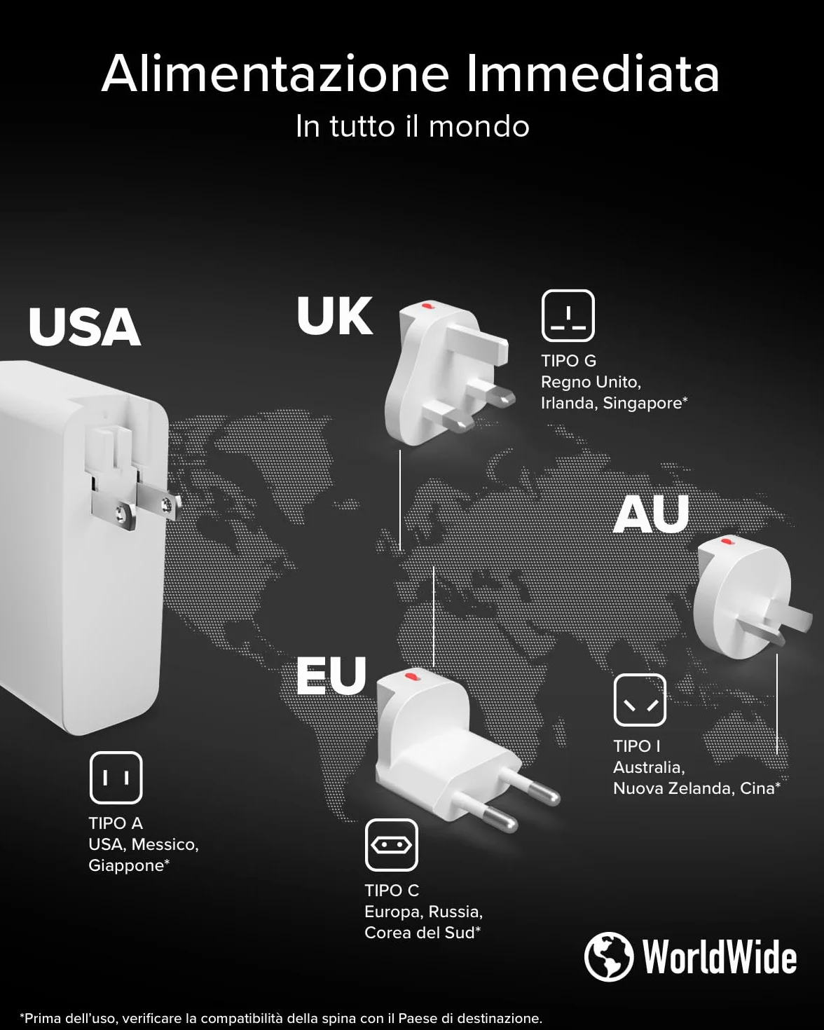 SBS Travel Adapter USB-C 100W, Caricatore da Viaggio con Spine US/UK/EU/AU | Convertitore Adattattore 4 porte USB, Power Delivery (PD), Ricarica Rapida per iPhone, Android, MacBook e Notebook, Bianco