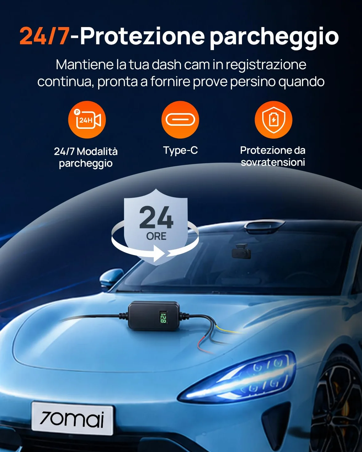 70mai UP06 Hardwire Kit Regolabile, USB-C, Protezione Bassa Tensione 3 Livelli Compatibile con M310, A410, A510, A810S, A800SE, 4K Omni, T800, T800E, Monitoraggio Parcheggio 24h, Display Voltaggio
