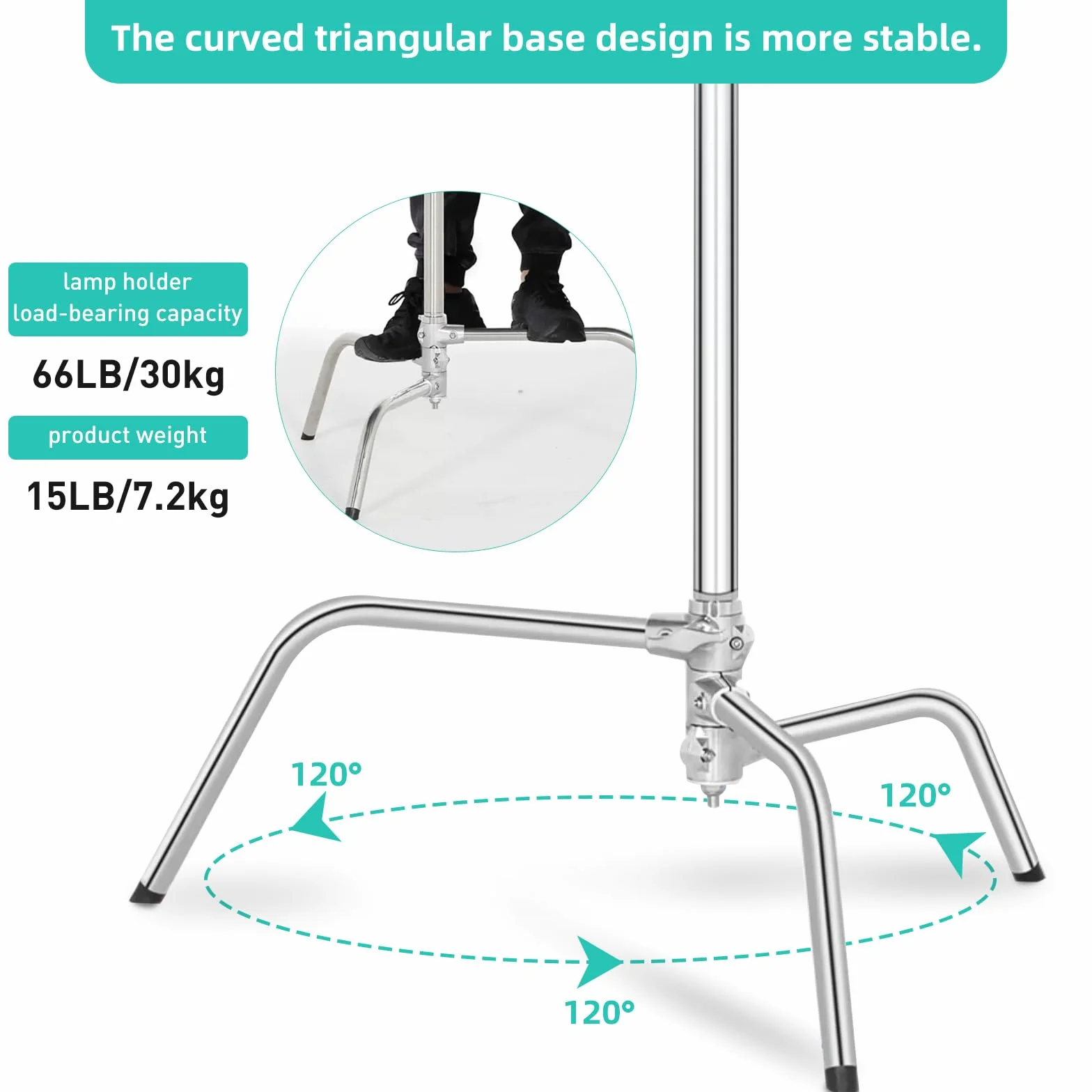 C Stand 100% Acciaio Inossidabile per Carichi Pesanti con Braccio a Braccio,Altezza Max 330cm Supporto C Regolabile Supporto per Lampada con Braccio di Sostegno da 127cm,2 Teste con Maniglia