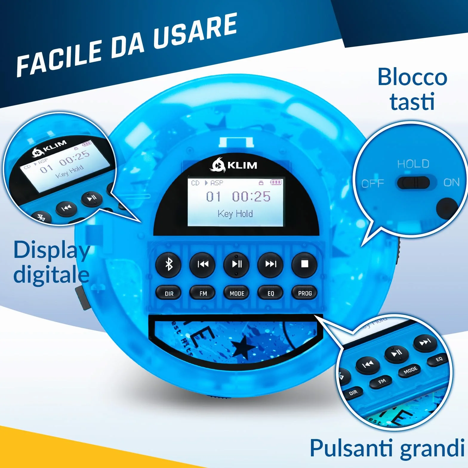 KLIM Nomad Transparent Blu - Lettore cd portatile - Batteria a Lunga Durata - Include Auricolari KLIM Fusion - con CD-R, CD-RW, MP3 - Lettore SD, Radio FM, Bluetooth - Ideale per Auto - Hi-Fi - Nuovo