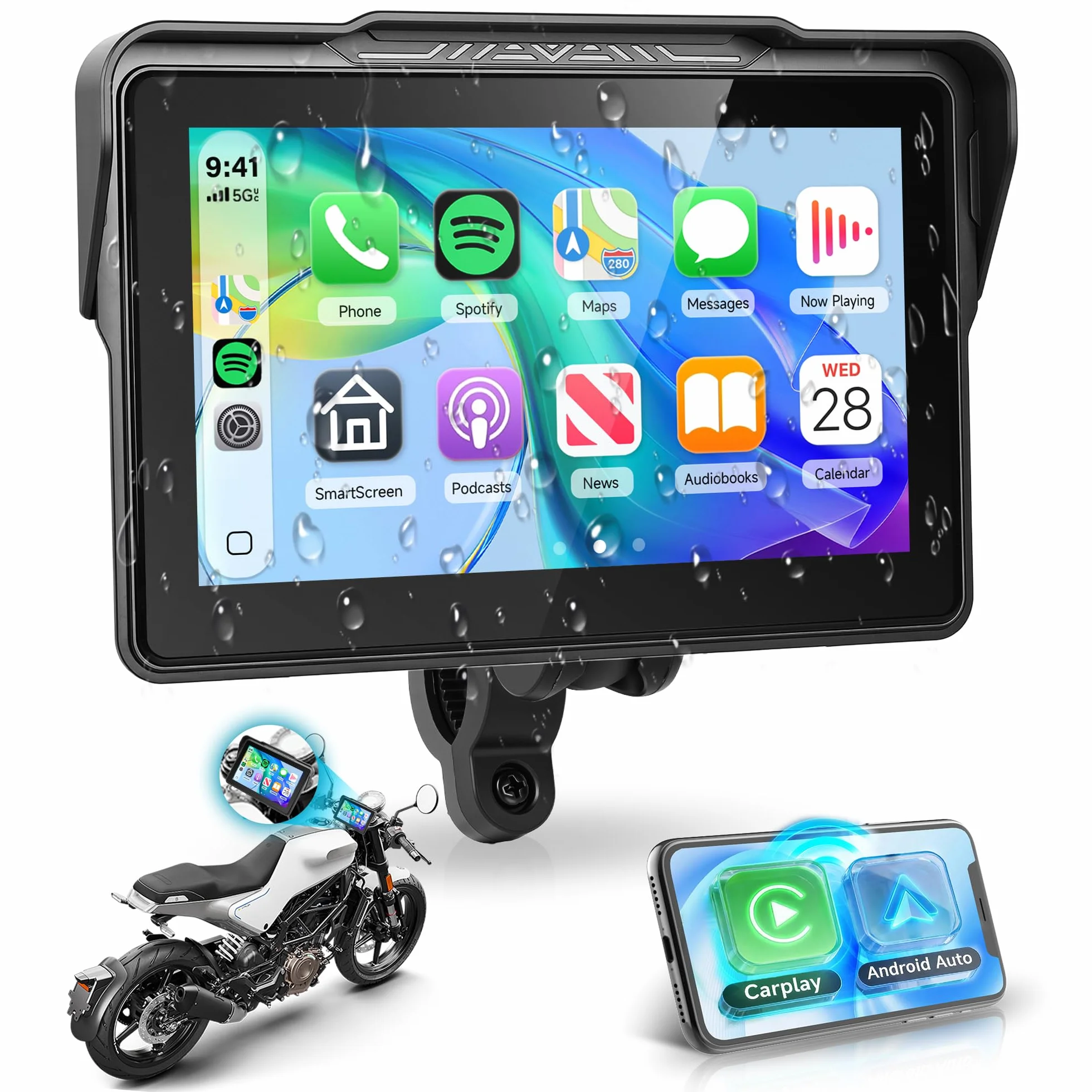Rimoody Wireless Carplay Display Motociclo Android Auto, 7 Pollici Touchscreen Car play Autoradio Portatile per Motorbike, CarPlay Monitor per Moto Bluetooth/IP68 Impermeabile/Controllo Vocale/Navi