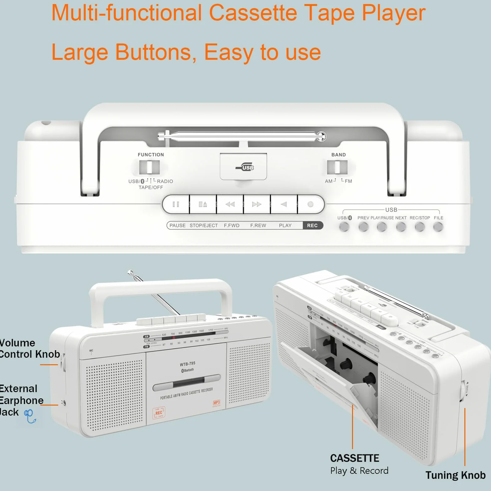 Lettore di cassette audio portatile con Bluetooth, USB e radio stereo AM/FM, microfono integrato per registrazione USB Conversione MP3, doppi altoparlanti, uso interno o esterno
