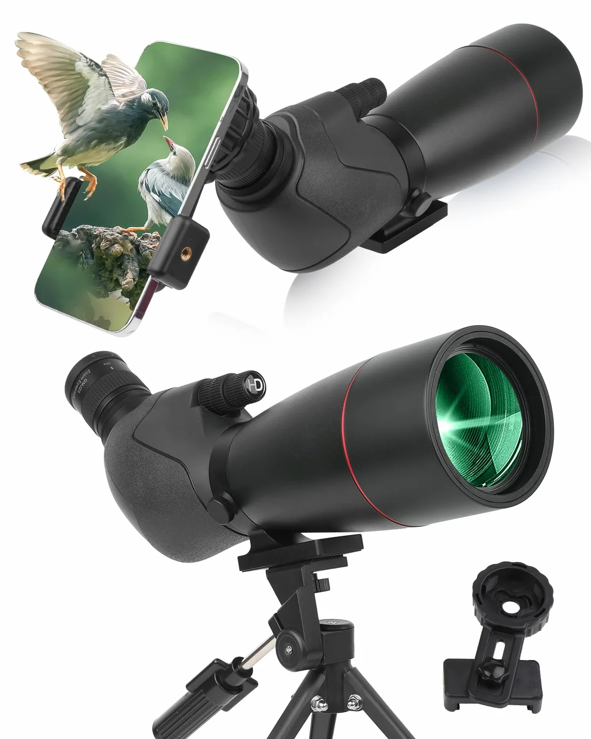 Cannocchiale Zoom ad Alta Potenza con Adattatore per Telefono, Treppiede, Borsa, Oculare Angolato 45°, per Tiro al Bersaglio, Osservazione Uccelli e Caccia (black)