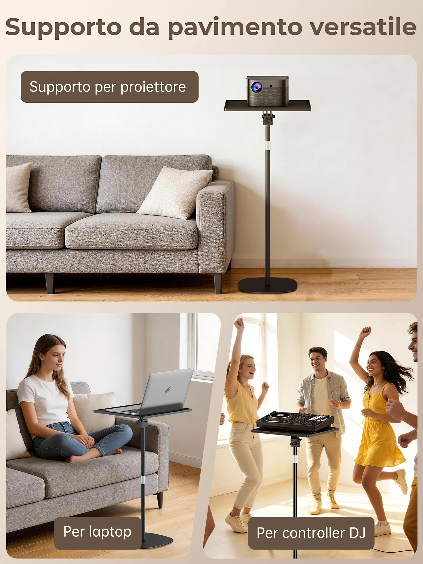 Supporto per proiettore, Regolabile in Altezza 54-129 cm, Girevole a 360°, Portata 7kg, Supporto a Pavimento Compatibile con Pico-proiettori, computer portatile, Telecamere, DV, Trail Camera