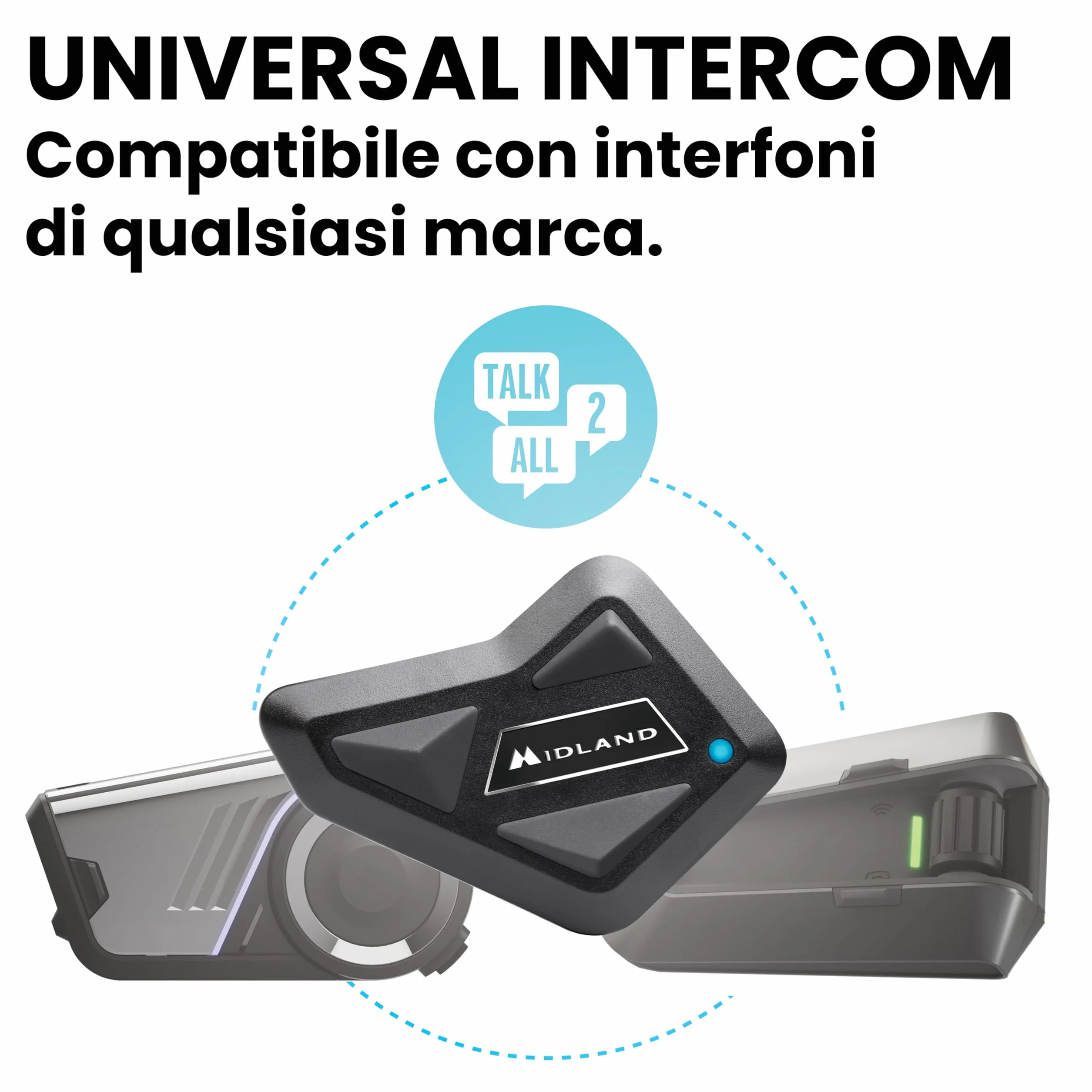 Midland - Interfono Moto Bluetooth ECE2206 Nuovo BT Mini Singolo, Auricolari Casco Moto 4 Persone Waterproof, Portata 500m, Autonomia 8H, Cancellazione Rumore, Music Share, Compatibile TFT