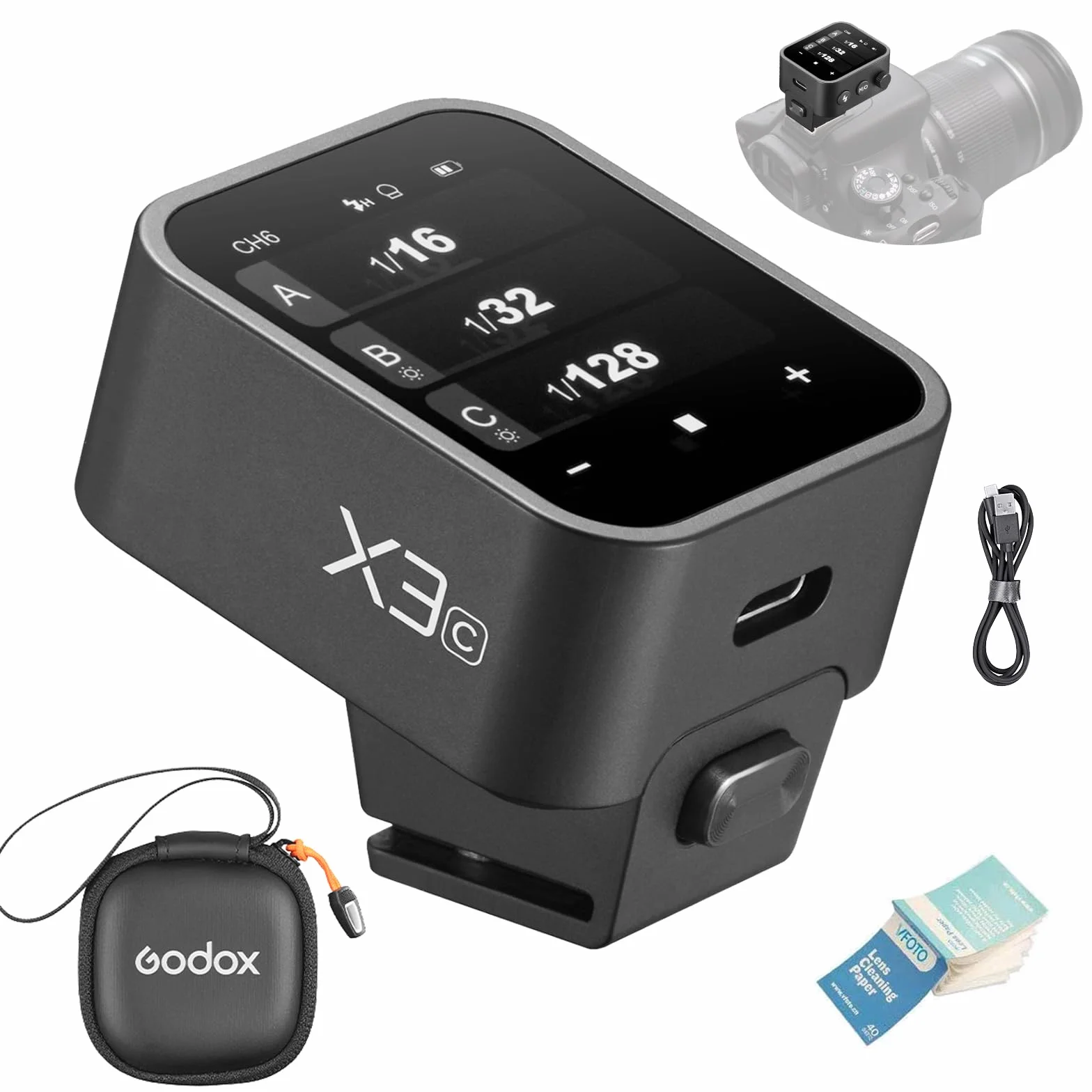 GODOX X3-C Wireless Flash Trigger per Canon EOS Fotocamera, X3C OLED Touch Screen Ricaricabile Trigger, E-TTL II HSS 1/8000s 2.4GHz Wireless X System, Funzione di Conversione TCM