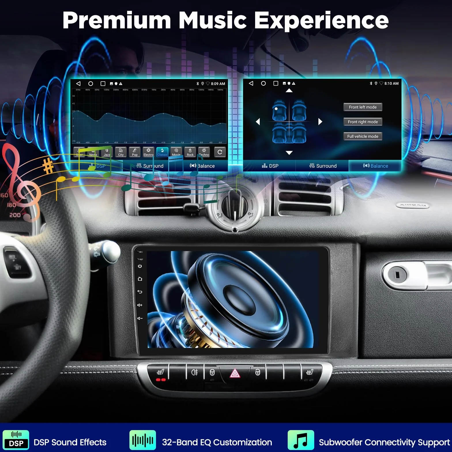 Autoradio Android per Mercedes Benz Smart Fortwo 2011-2015, 2+64G Stereo 9 Pollici con Wireless CarPlay & Android Auto, Navigatore GPS WiFi, Audio DSP, Supporto Telecamera Retromarcia AHD
