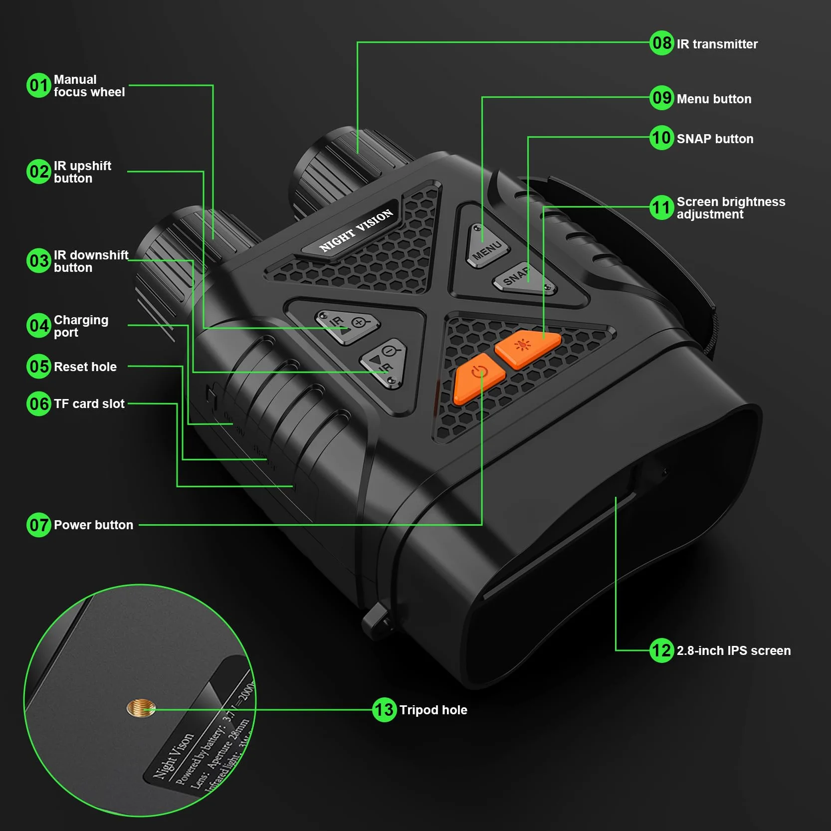 GlobalCrown Visore Notturno binocolo visione notturna,Binocolo infrarossi con zoom 10x e scheda 32GB per foto e video,Cannocchiale per l'osservazione della fauna selvatica,caccia e pesca notturna